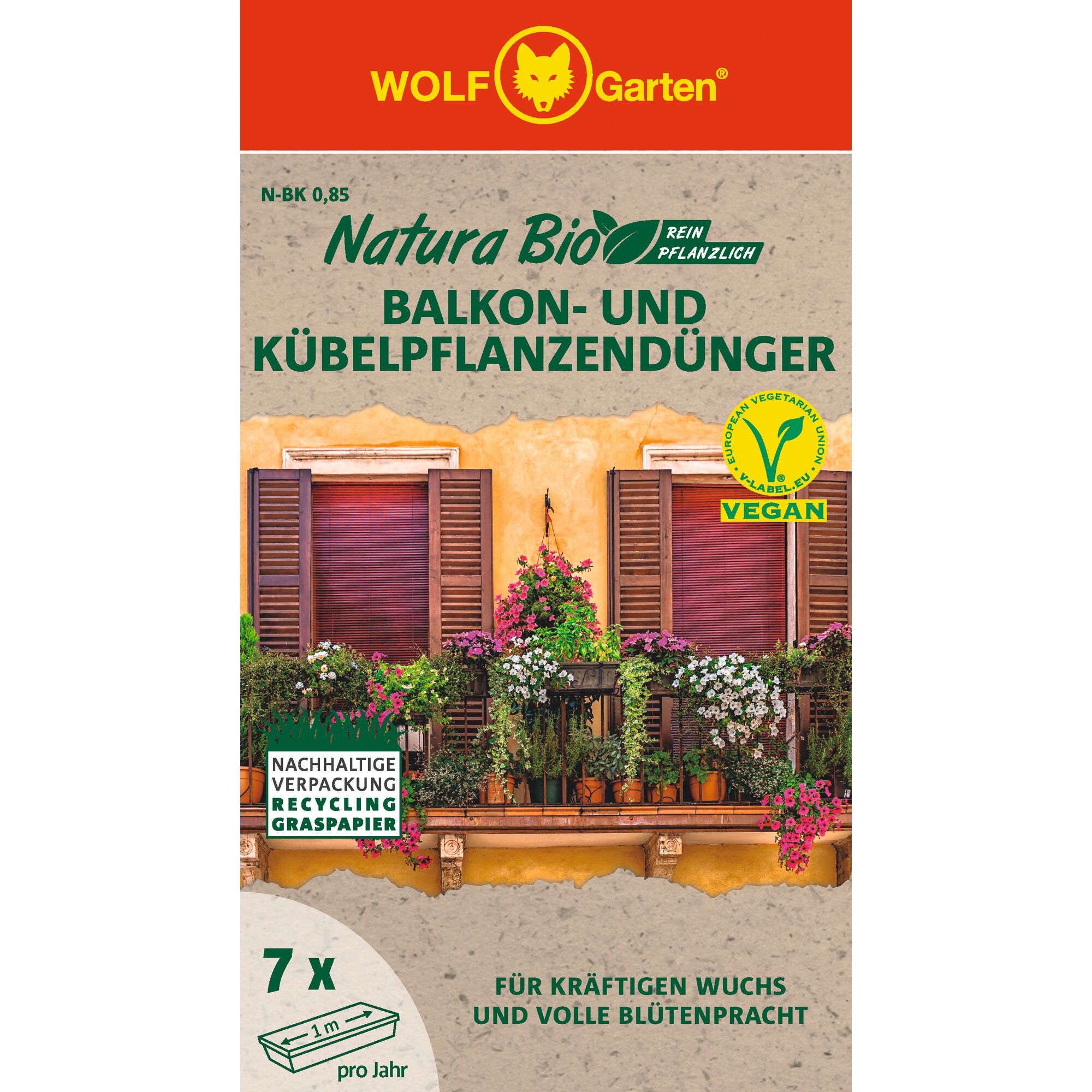 Packaging of WOLF Garten Natura Bio balcony and container plant fertilizer. The package has an orange and beige design and displays an image of a balcony with vibrant flowers and plants in pots, two closed wooden window shutters, and several sustainability and vegan labels.