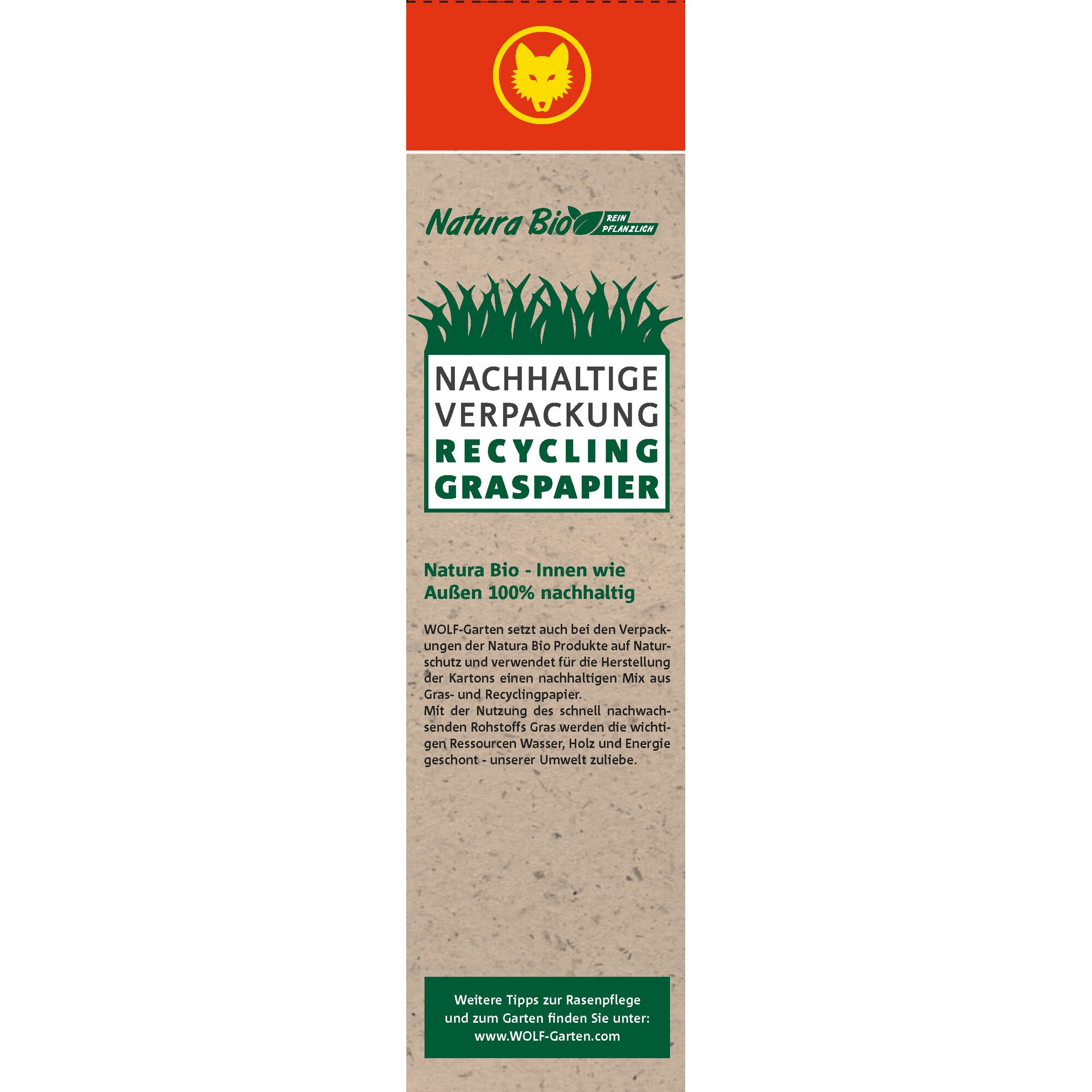 A WOLFGarten Natura Bio product packaging made from sustainable recycling grass paper. The packaging features a wolf logo at the top, information about sustainable and eco-friendly materials used, and details about resource conservation. The background is a beige recycled paper texture.