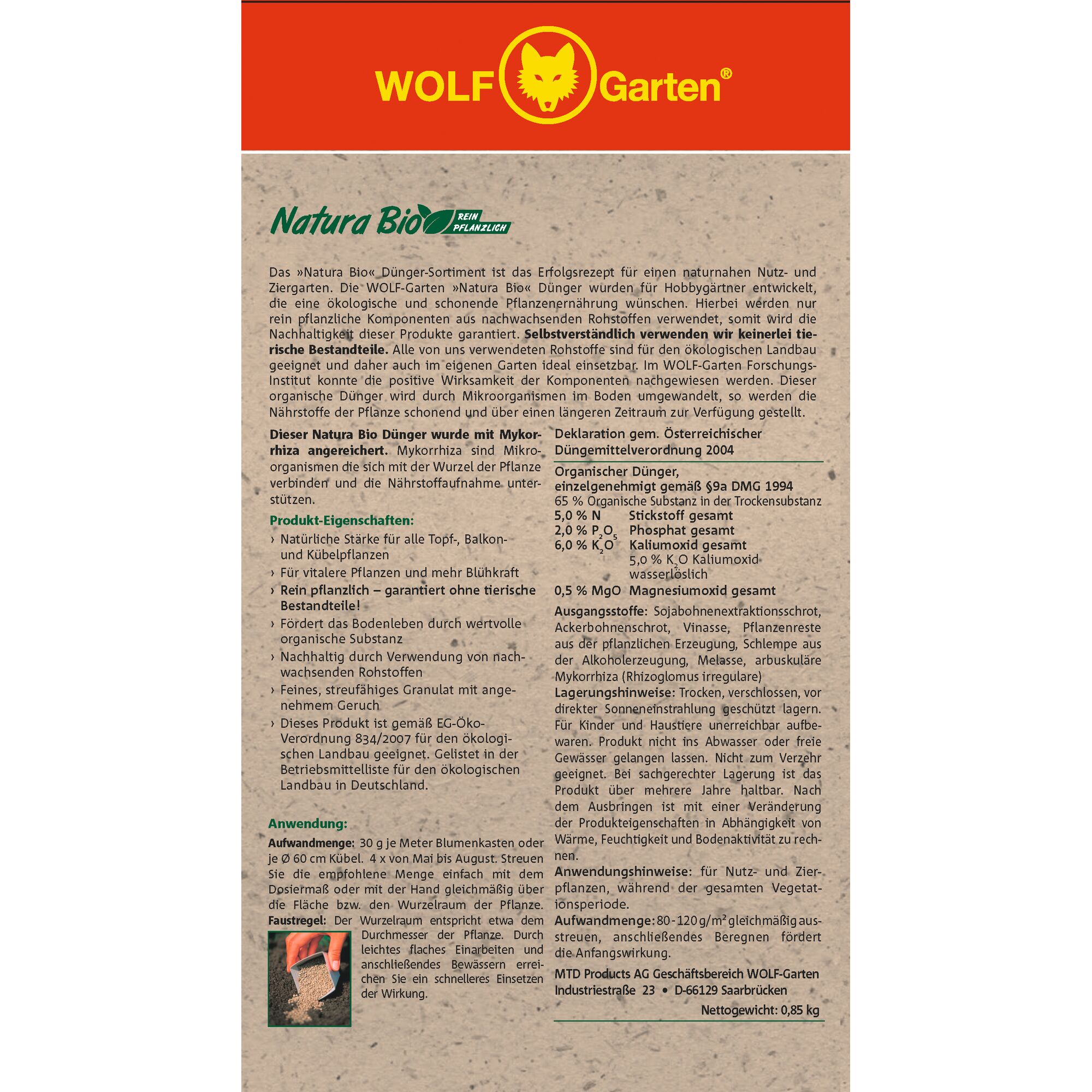 Product packaging for WOLF Garten Natura Bio fertilizer with detailed information in German about ingredients, application instructions, and certifications. The packaging features the WOLF Garten logo, Natura Bio branding, and product description, specifications, and usage guidelines for organic gardening.