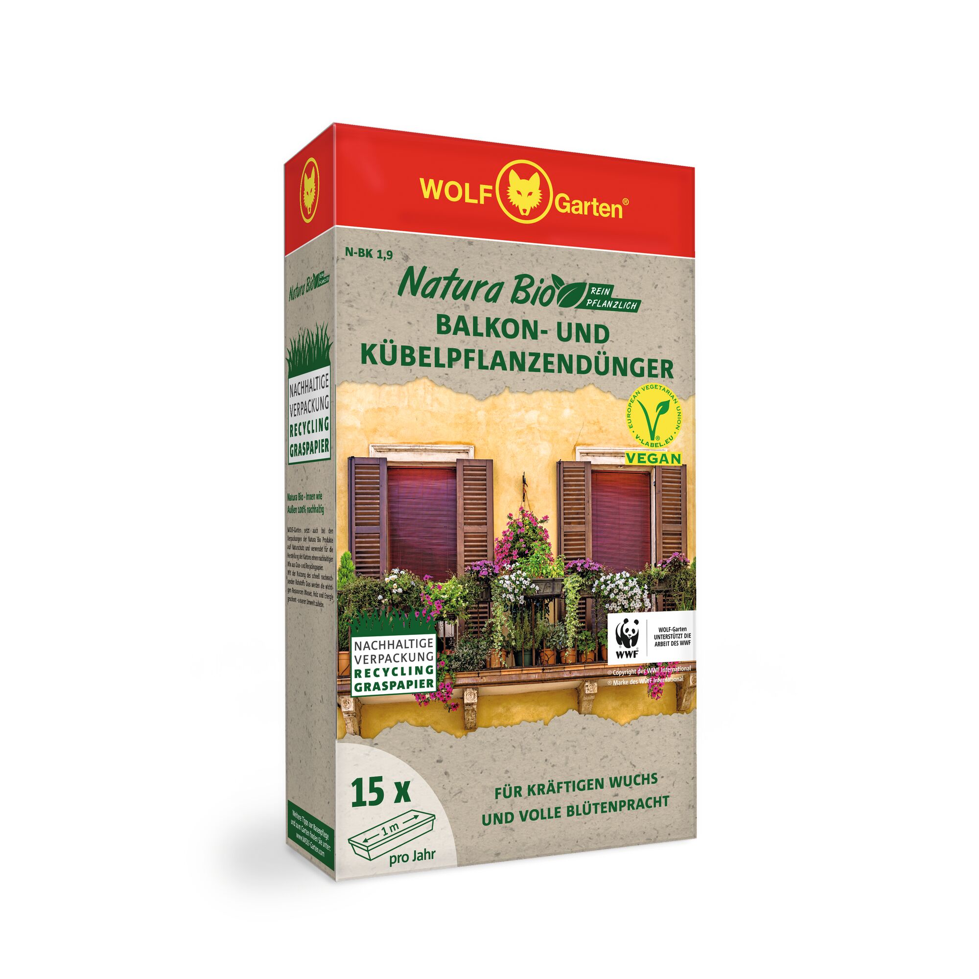 Box of WOLF Garten Natura Bio balcony and container plant fertilizer. The packaging features an image of a balcony with lush plants and flowers. It is labeled vegan and emphasizes sustainable, recyclable packaging made from grass paper.
