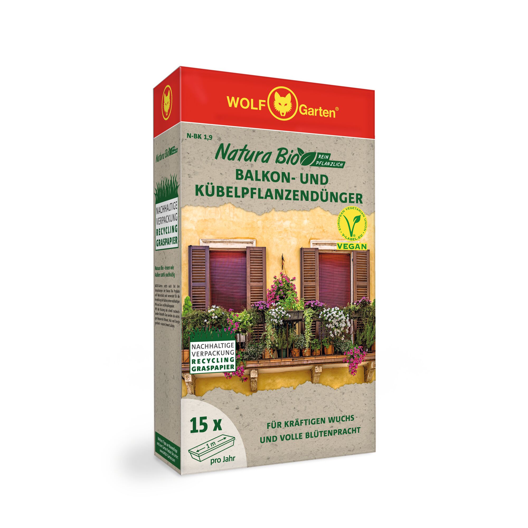 A box of WOLF Garten Natura Bio vegan fertilizer for balcony and container plants. The packaging features an image of a balcony with various flowering and green plants. The box highlights sustainable packaging made from recycled grass paper, and claims strong growth and abundant flowering. The box is mainly beige and red with green text.