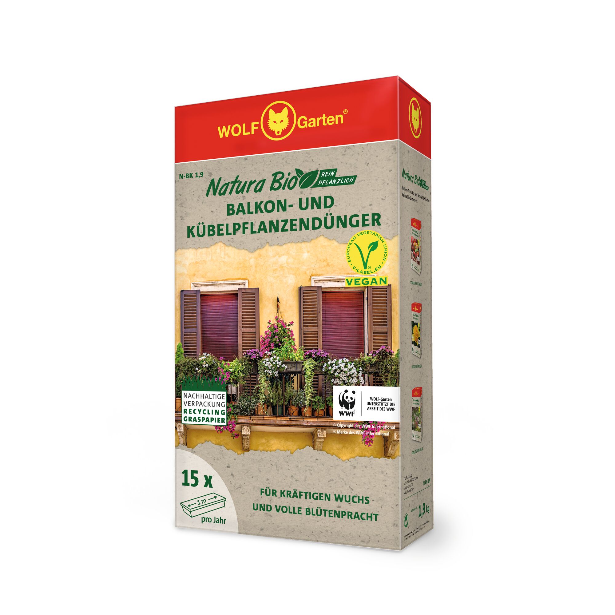 A box of WOLFGarten Natura Bio balcony and potted plant fertilizer. The packaging features images of flowers and plants on a balcony, vegan certification, sustainable packaging information, and WWF partnership logo.