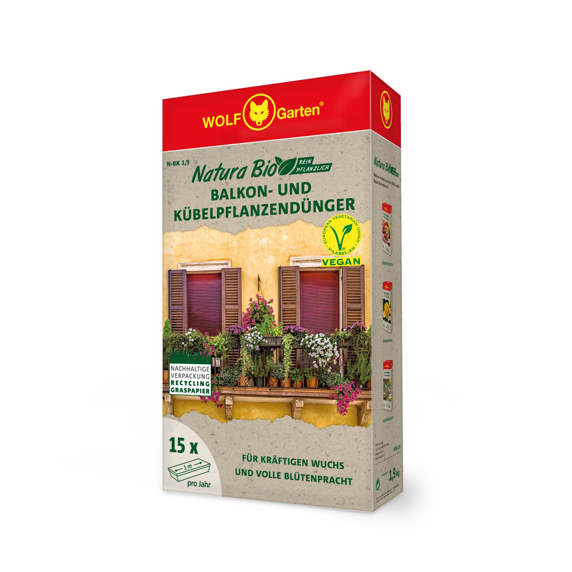 Image of a WOLF Garten Natura Bio balcony and potted plant fertilizer box. The packaging features a photo of a balcony with colorful flowering plants, wooden shutters, and includes vegan and sustainable packaging symbols.