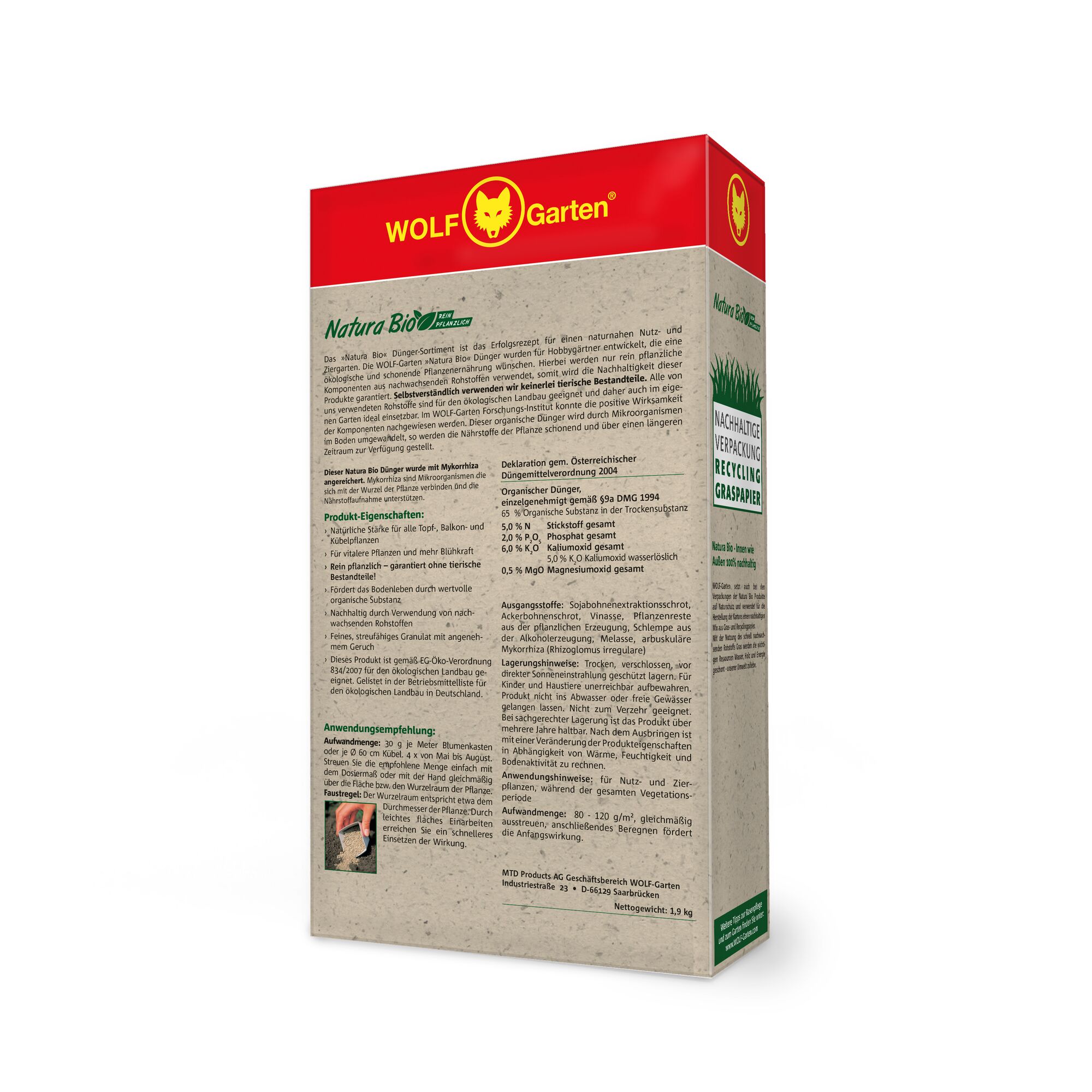 Packaging of WOLF Garten Natura Bio organic fertilizer. The rectangular box features a red top with the WOLF Garten logo, and the rest of the package is beige with detailed product information in German, including instructions and sustainable packaging details. The side highlights 'Nachhaltige Verpackung Recycling Graspapier' (Sustainable packaging: recycled grass paper).