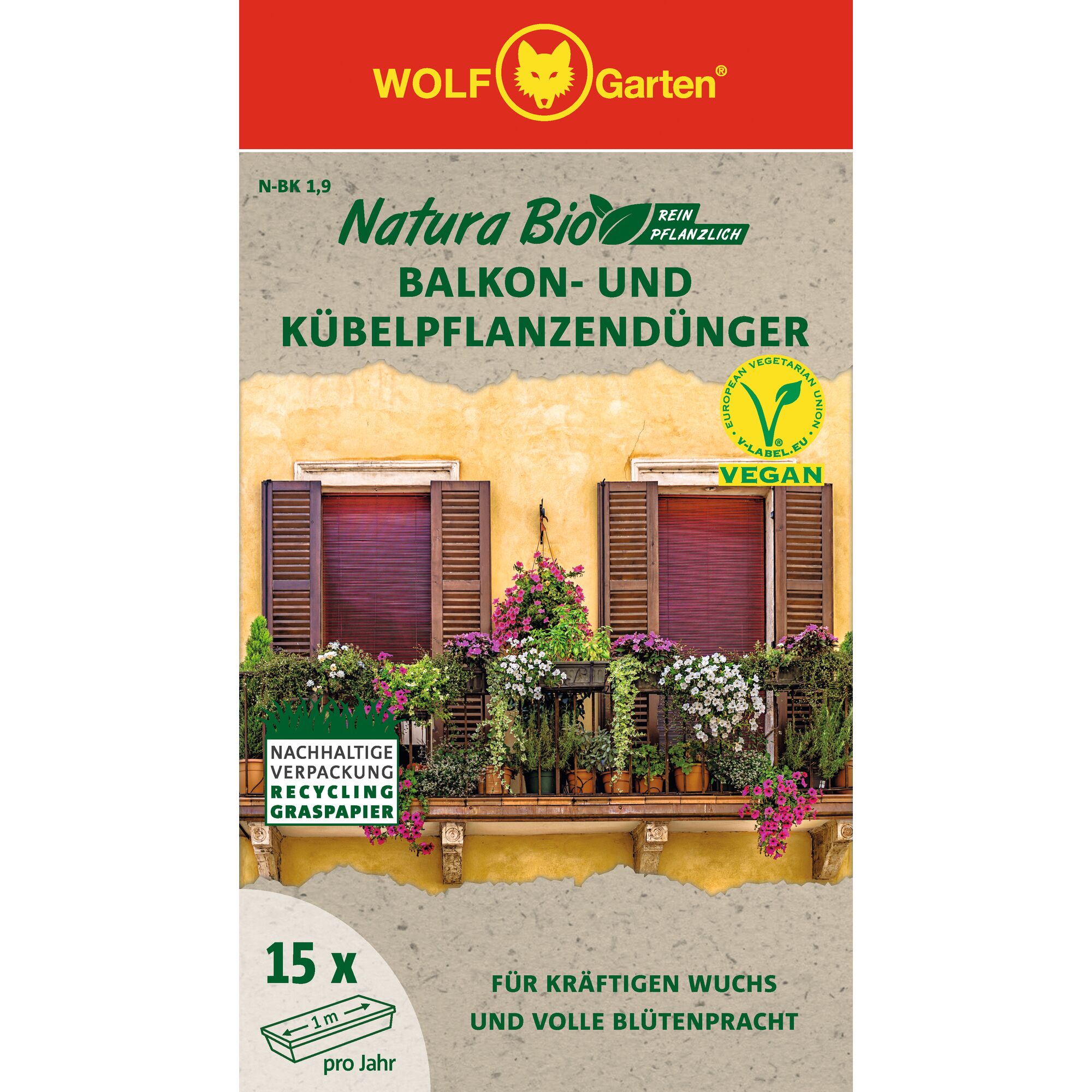 Front packaging of WOLF Garten Natura Bio balcony and container plant fertilizer. The packaging shows two wooden shuttered windows with a balcony full of flourishing flowers and plants. The pack highlights vegan ingredients, sustainable grass paper packaging, and supports vibrant growth and abundant blooms.