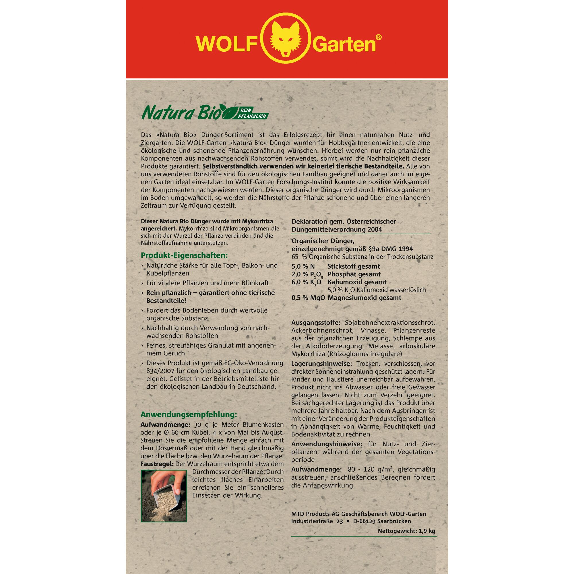 Product label for WOLFGarten Natura Bio plant fertilizer. The label includes detailed information in German about the product’s features, ingredients, application recommendations, and specifications. The label highlights that the fertilizer is organic, free from animal components, suitable for ecological agriculture, and contains mycorrhiza. Instructions and ingredients are listed alongside the official WOLFGarten branding at the top.