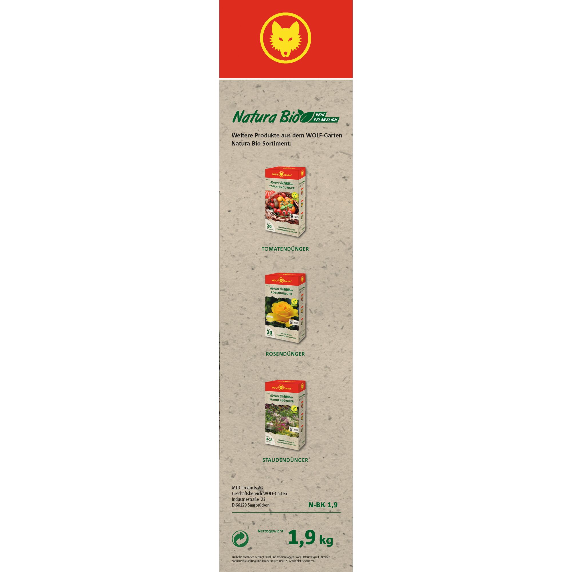 A vertical WOLF-Garten promotional banner featuring three boxes of organic fertilizers from the Natura Bio line: tomato fertilizer, rose fertilizer, and perennial fertilizer. The banner displays the WOLF-Garten logo at the top and product details in German, including a net weight of 1.9 kg.