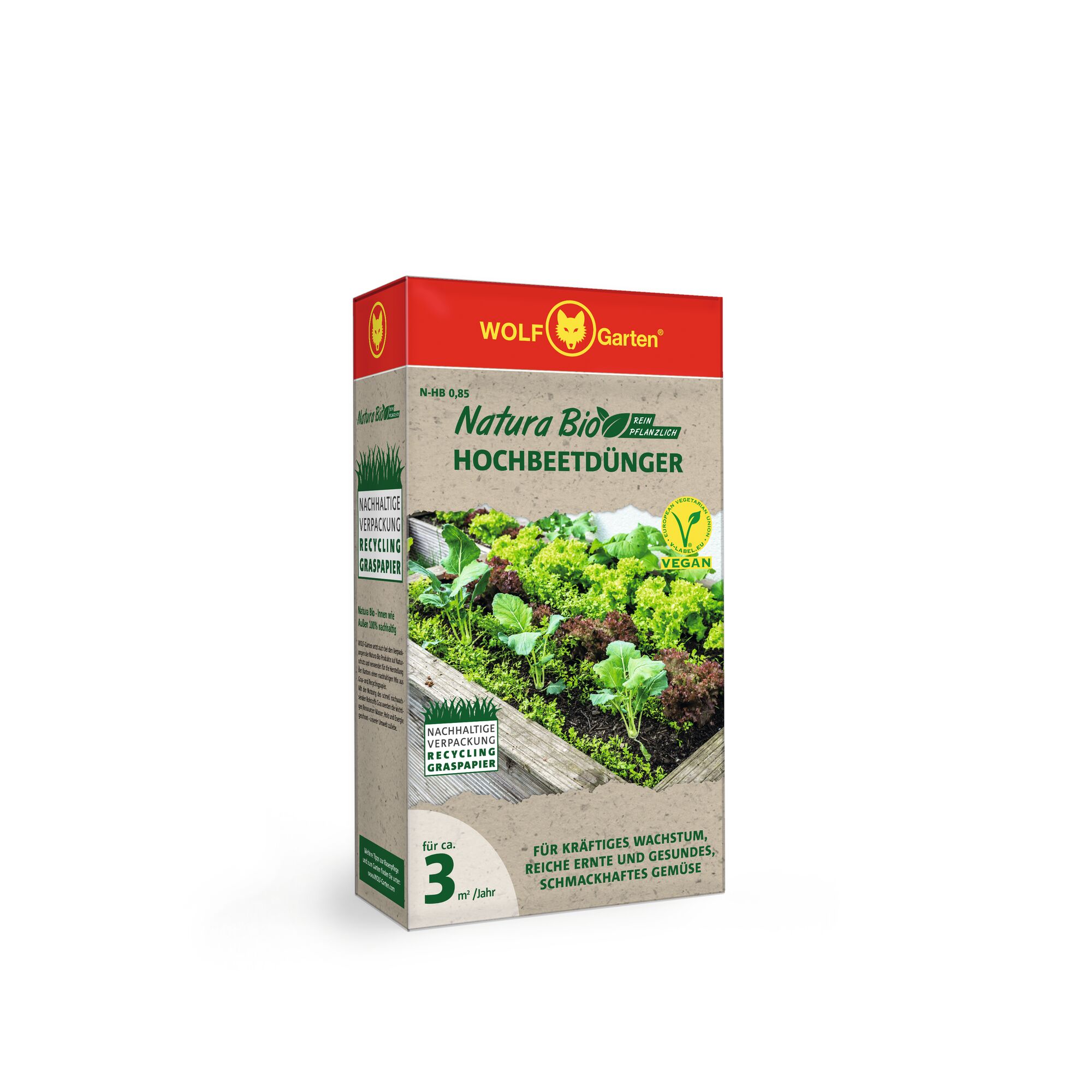 A box of WOLF Garten Natura Bio Hochbeetdünger, a vegan fertilizer for raised garden beds. The packaging features an image of a thriving vegetable garden and text highlighting its sustainable packaging and benefits for healthy growth, rich harvest, and tasty vegetables.