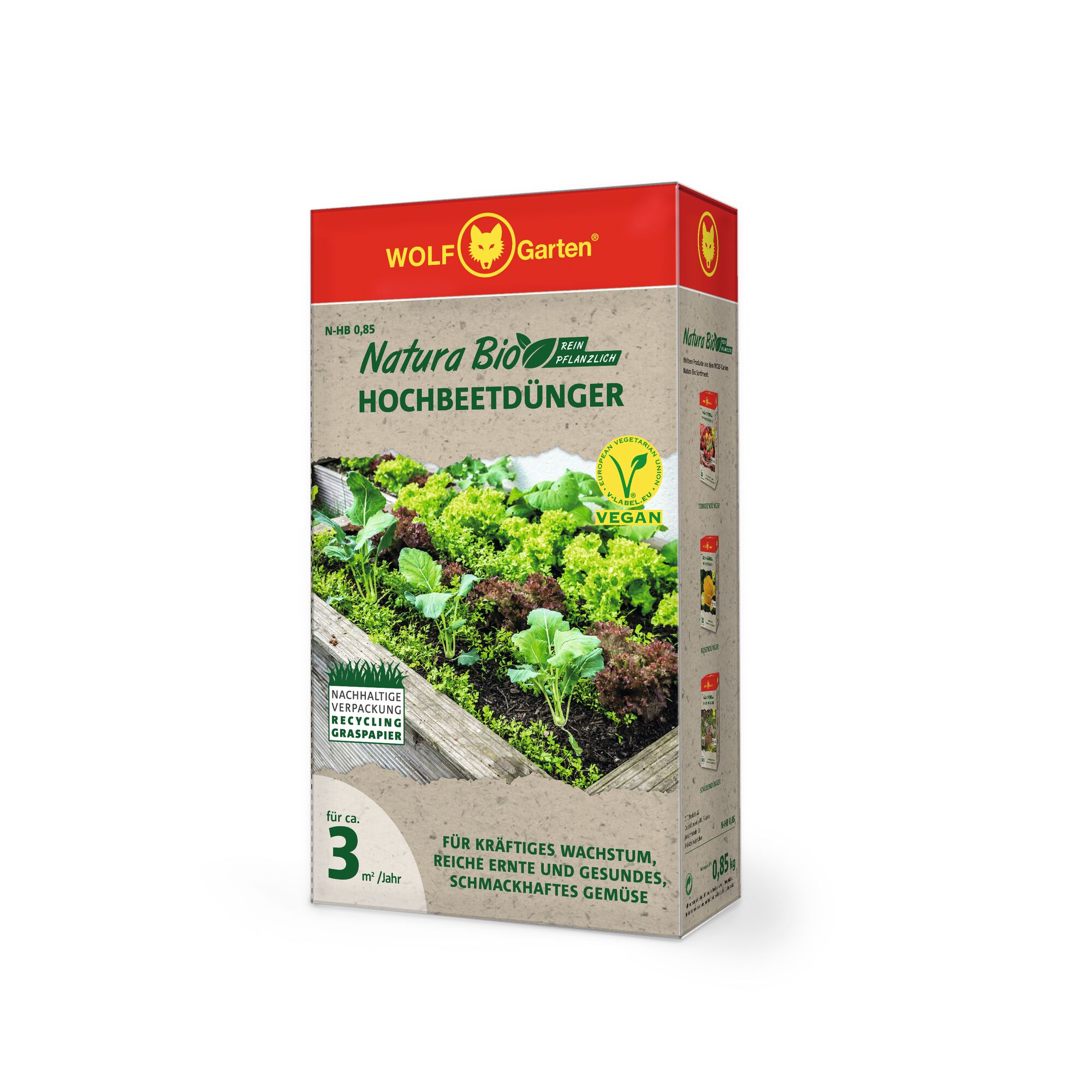 Box of WOLF Garten Natura Bio Hochbeetdünger, vegan fertilizer for raised beds, suitable for about 3 m² per year, featuring sustainable grass paper packaging and an image of various leafy vegetables growing in a wooden raised bed.
