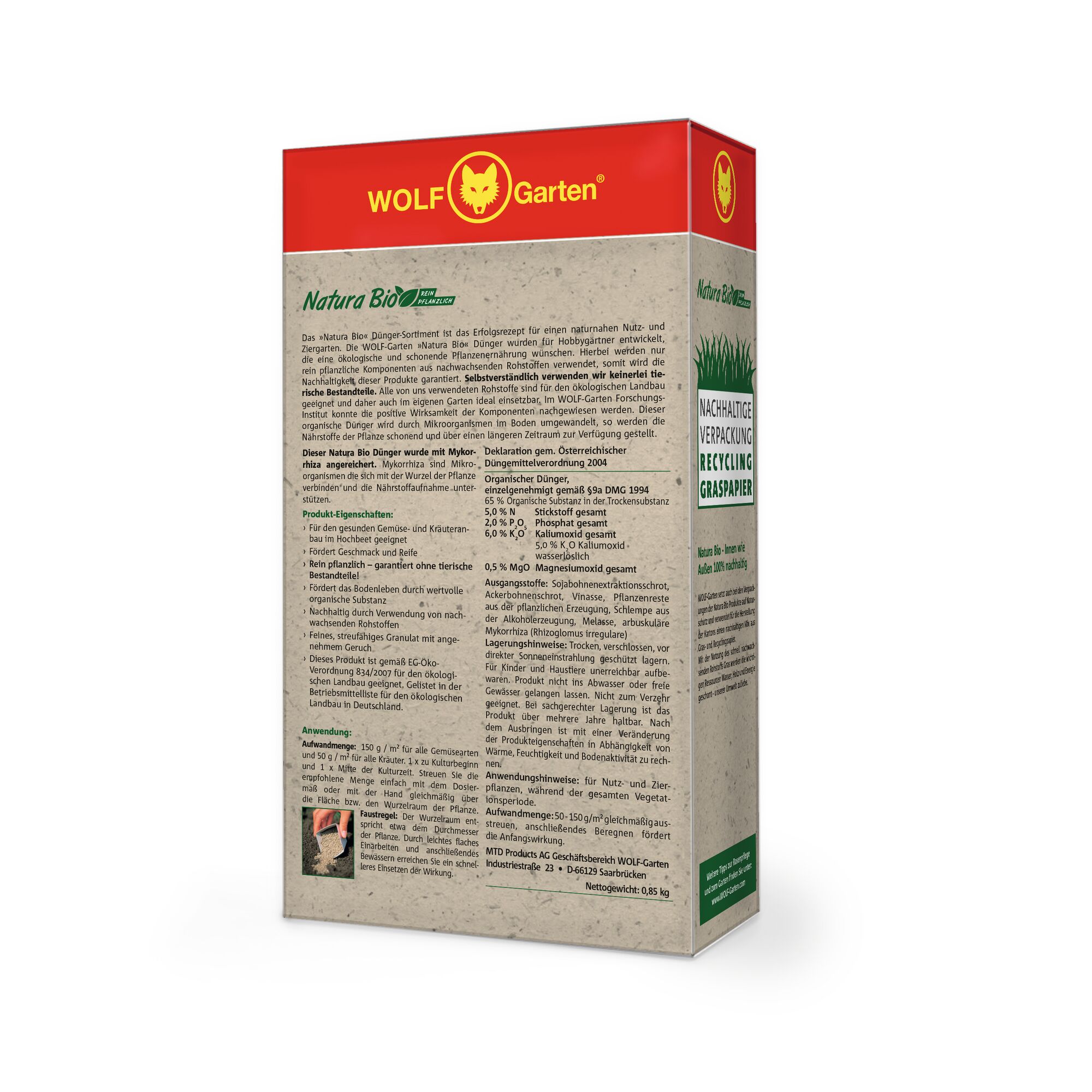 WOLFGarten branded product box with a red and yellow top displaying the logo. The box features detailed German text describing the product's ecological and sustainable properties. The front shows information about Natura Bio organic fertilizer, sustainable packaging from recycled grass paper, and instructions for use. The packaging is designed primarily in neutral tones with a green accent, and it is intended for garden and plant use.