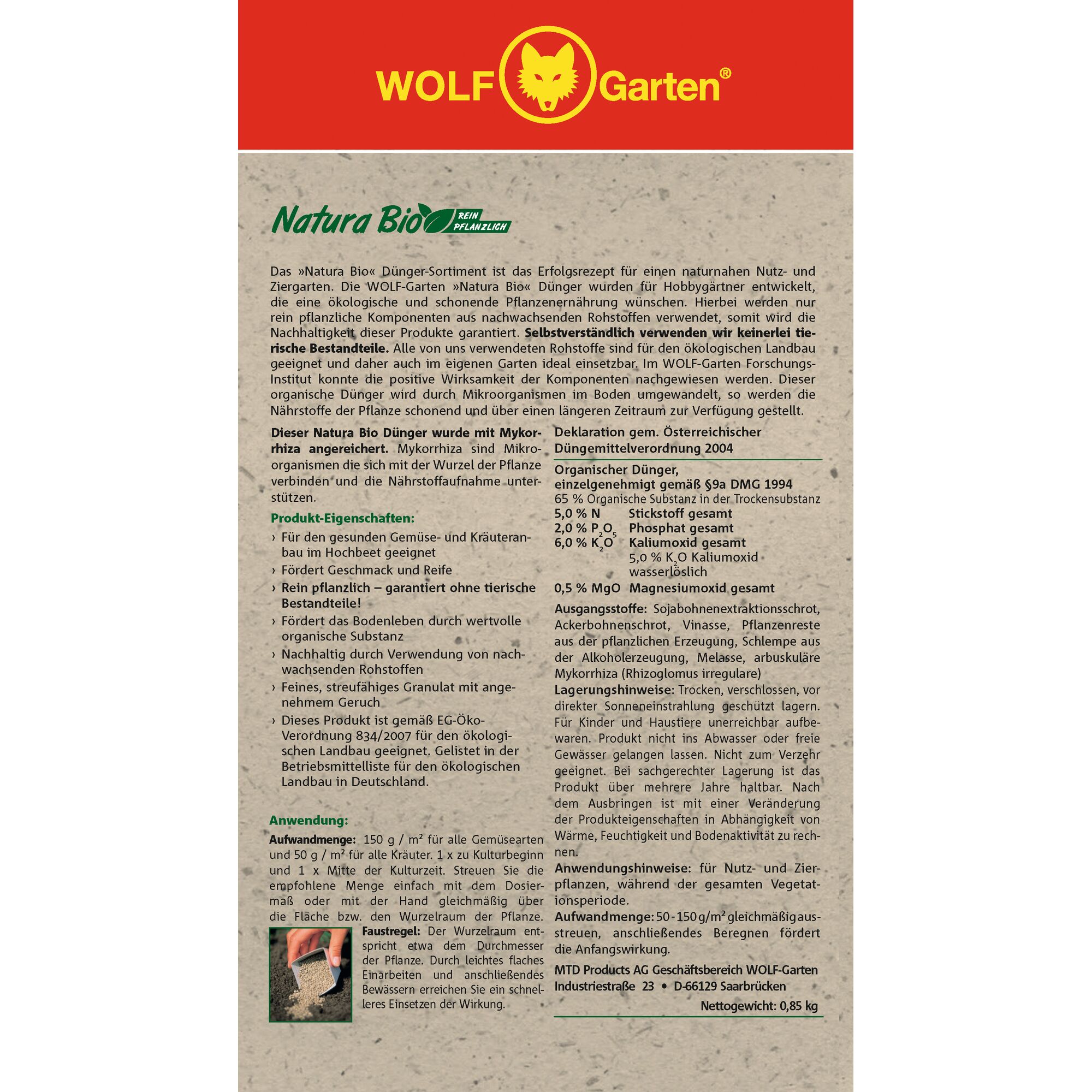 Product packaging for WOLF-Garten Natura Bio, an organic fertilizer for vegetables and herbs. The red, yellow, and green label features the WOLF-Garten logo at the top, text in German describing product features, usage instructions, and technical specifications. The packaging highlights that the product is made from plant-based ingredients, is sustainable, and suitable for ecological farming and gardens.