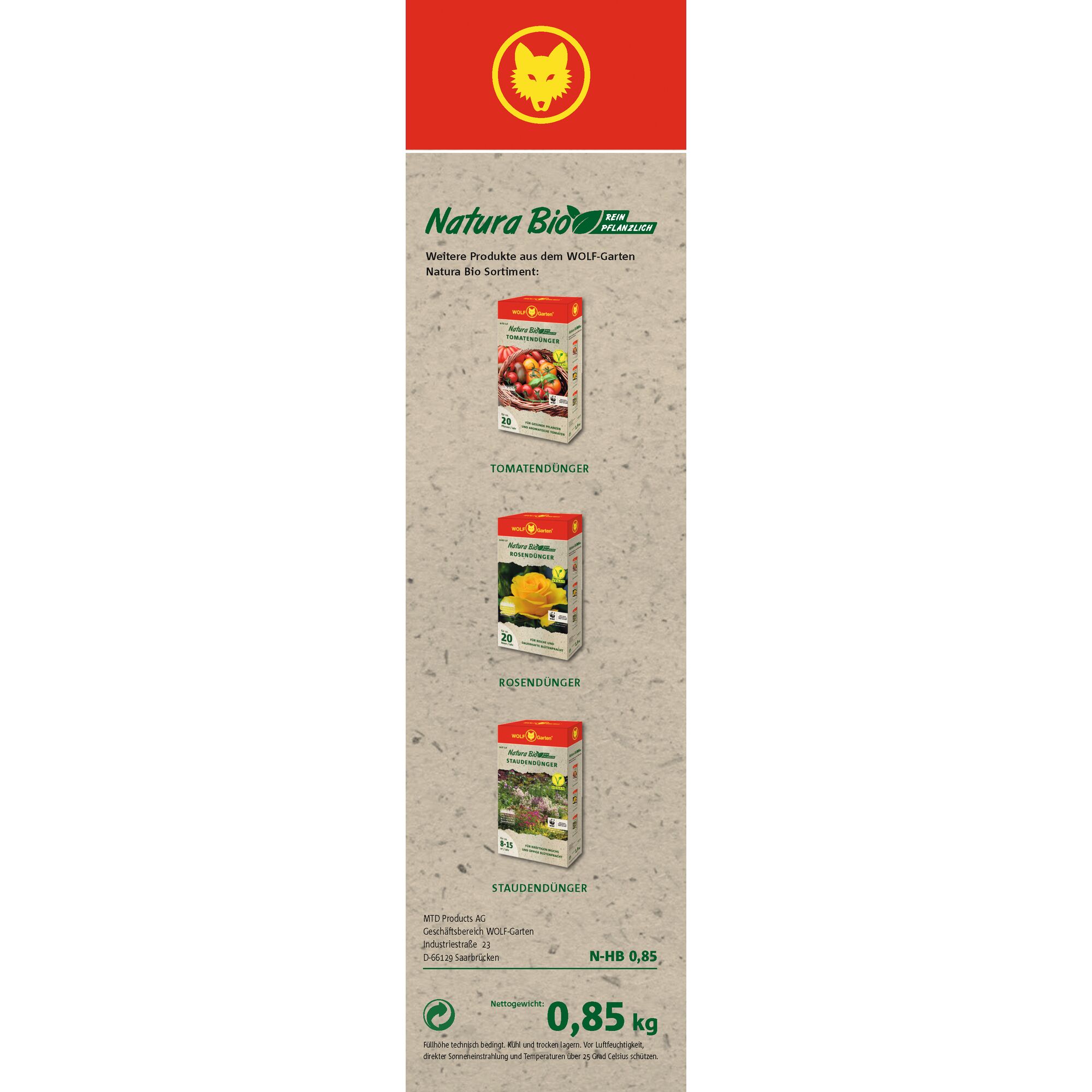 Vertical product display featuring three boxes of WOLF-Garten Natura Bio fertilizers: tomato fertilizer, rose fertilizer, and perennial fertilizer. The boxes are shown on a textured background under the brand's red header with a yellow wolf logo. Product information and weight (0.85 kg) appear at the bottom.