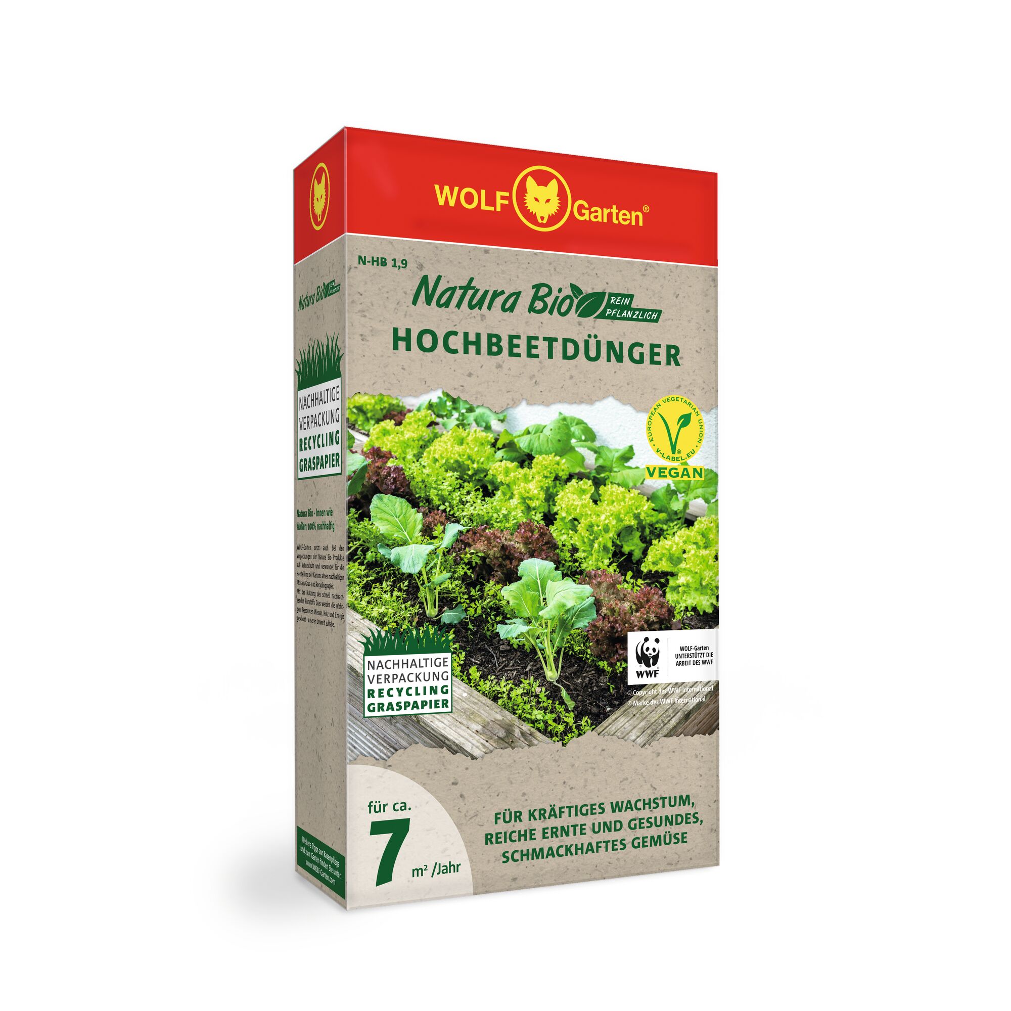 WOLFGarten Natura Bio Hochbeetdünger vegan raised bed fertilizer, packaged in a box featuring images of green leafy vegetables and information about sustainable packaging and annual coverage.