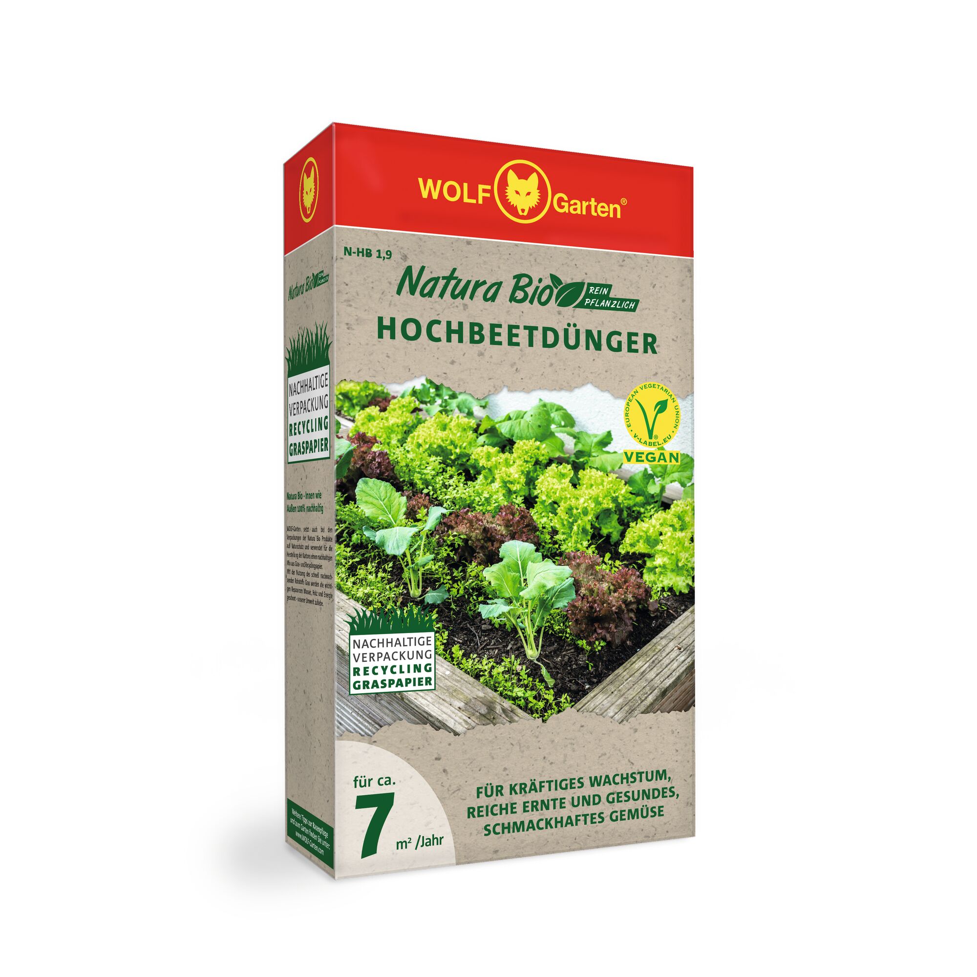 Box of WOLF Garten Natura Bio Hochbeetdünger organic raised bed fertilizer, designed for robust growth, healthy harvest, and flavorful vegetables. The packaging highlights vegan contents and sustainable recycling with grass paper. The product is suitable for approximately 7 square meters per year.