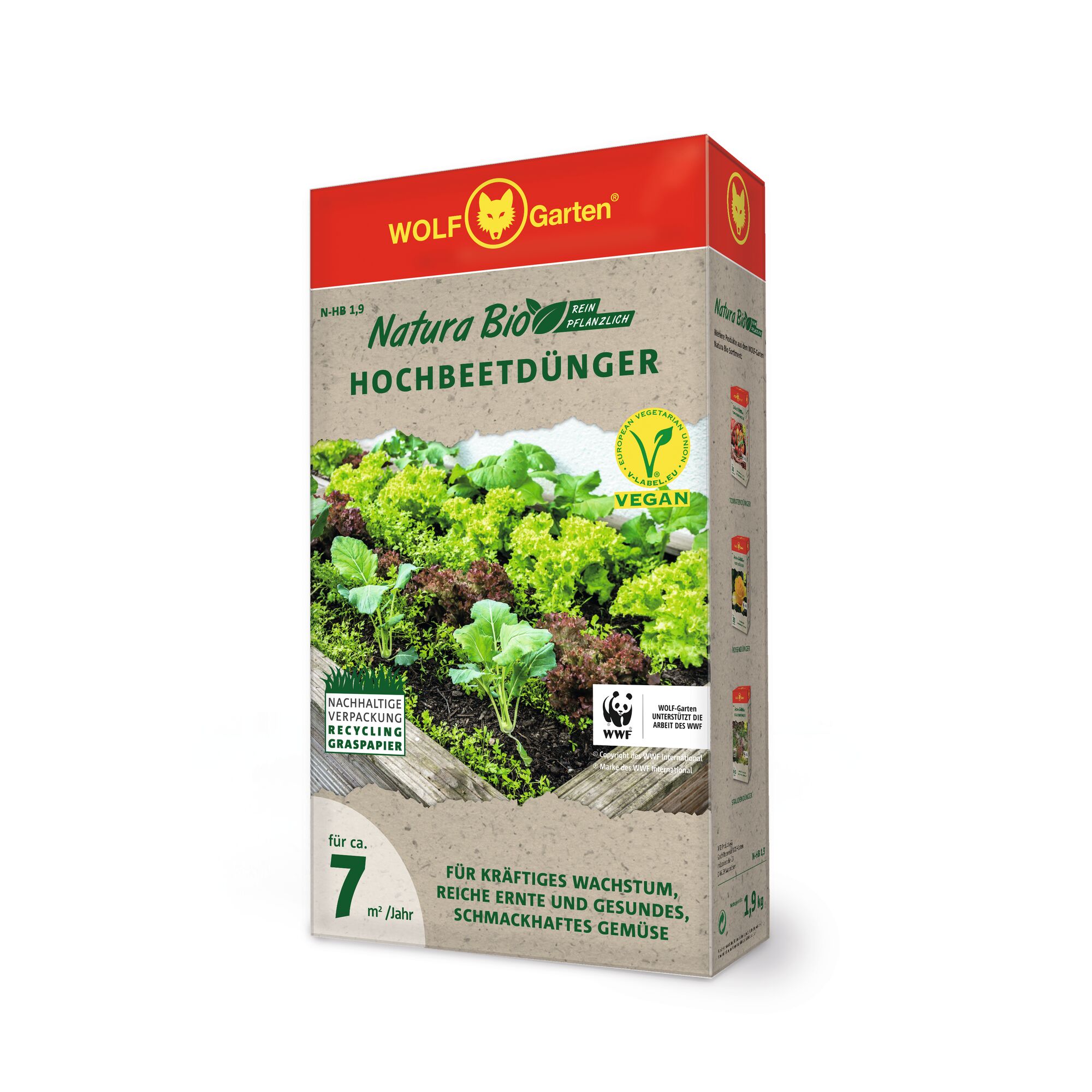 Box of WOLF Garten Natura Bio Hochbeetdünger (raised bed fertilizer), featuring an image of a lush vegetable garden, vegan certification, sustainable packaging, and WWF partnership logos.