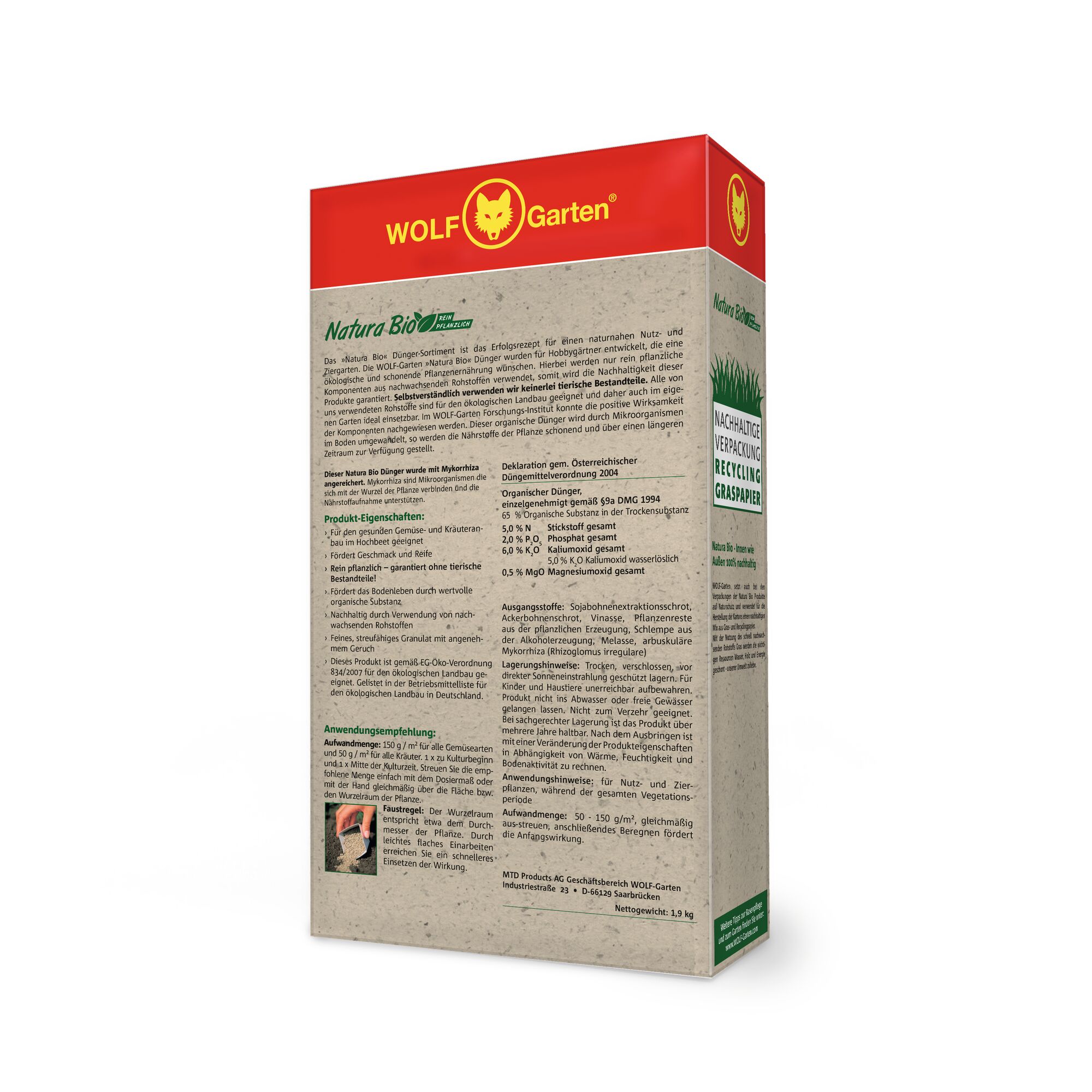 A product box of WOLF-Garten Natura Bio, featuring a red top with the WOLF-Garten logo, and detailed product information in German. The packaging highlights sustainable packaging made from recycled grass paper and provides instructions and characteristics of the fertilizer.