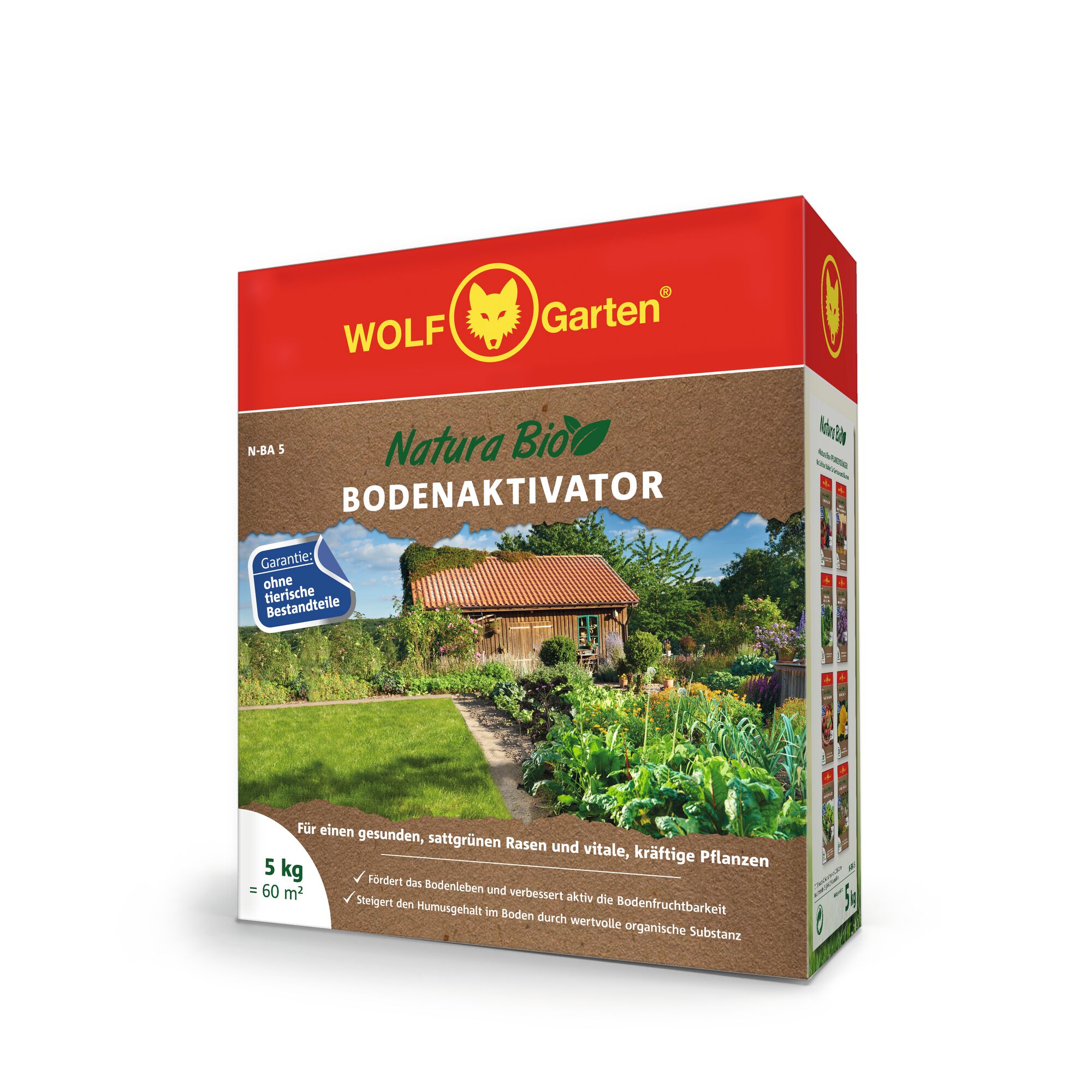 A product box for WOLF-Garten Natura Bio Bodenaktivator, a soil activator suitable for lawns and plants. The packaging is mainly red and brown with a garden scene featuring a shed and greenery. The box indicates it is 5 kg for 60 m² and contains only organic substances, with no animal components.