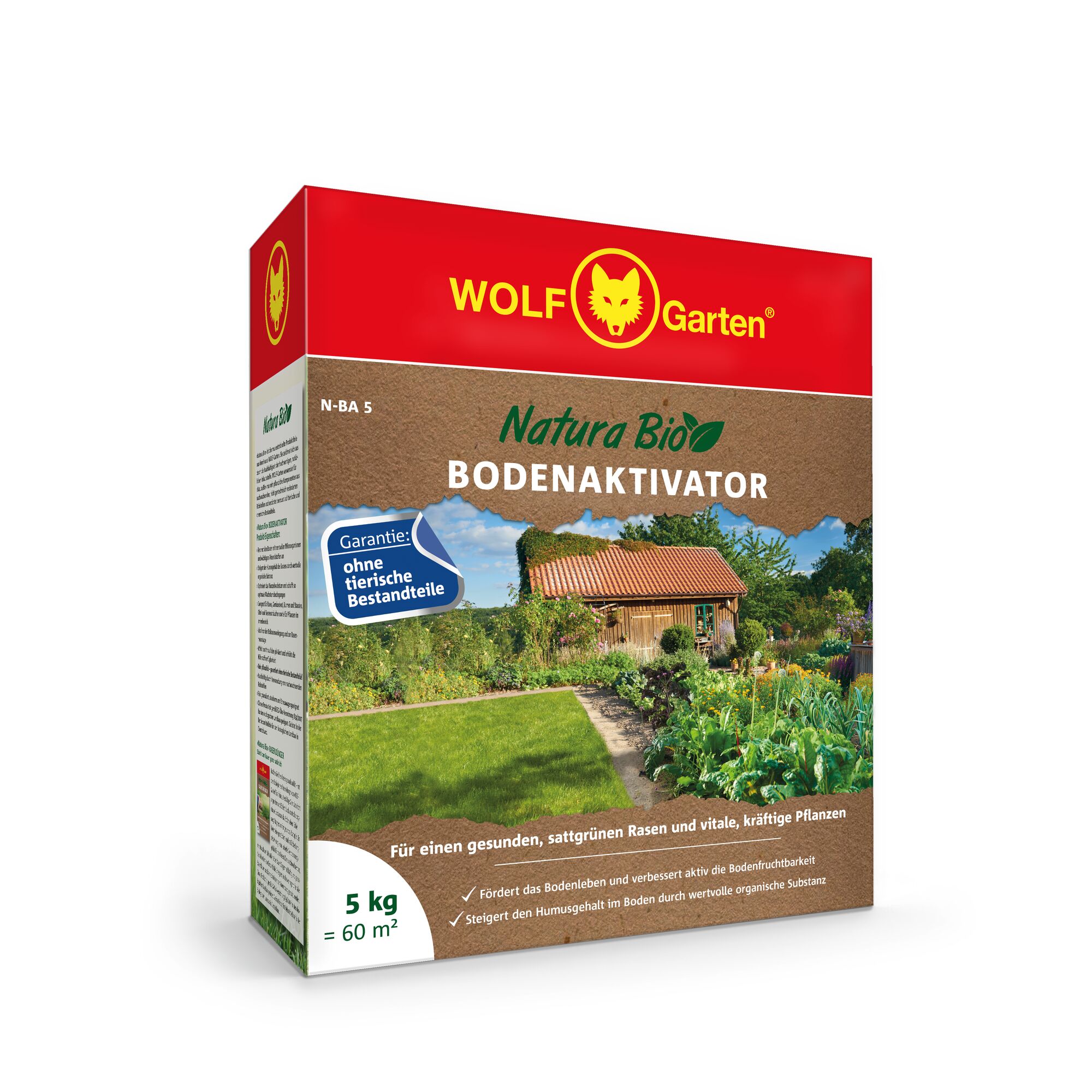 A box of WOLF Garten Natura Bio Bodenaktivator, a soil activator product. The packaging is red and brown with a garden scene featuring a wooden shed, green lawn, and plants. The box indicates it contains 5 kg, suitable for 60 m², and guarantees no animal-based ingredients.