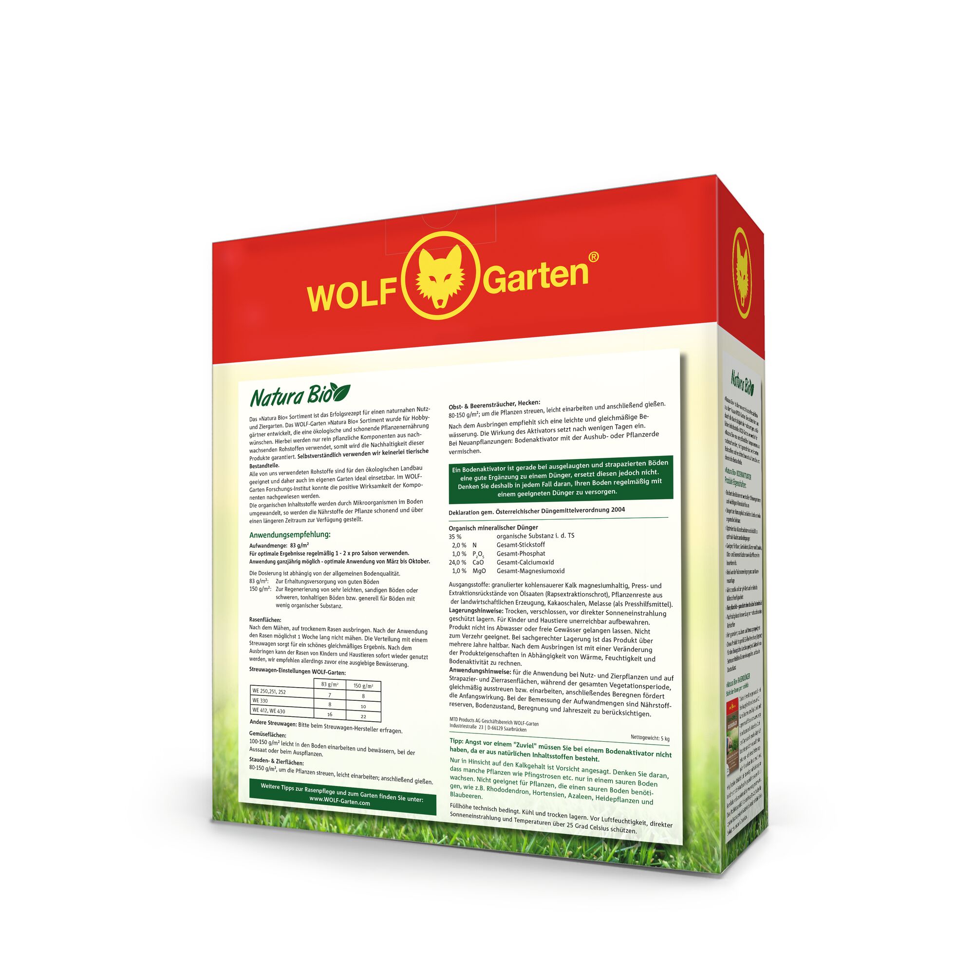 Back view of a WOLF Garten Natura Bio product box with red and yellow branding, detailed usage instructions, ingredients, and charts printed in German. The lower section shows a grass design.