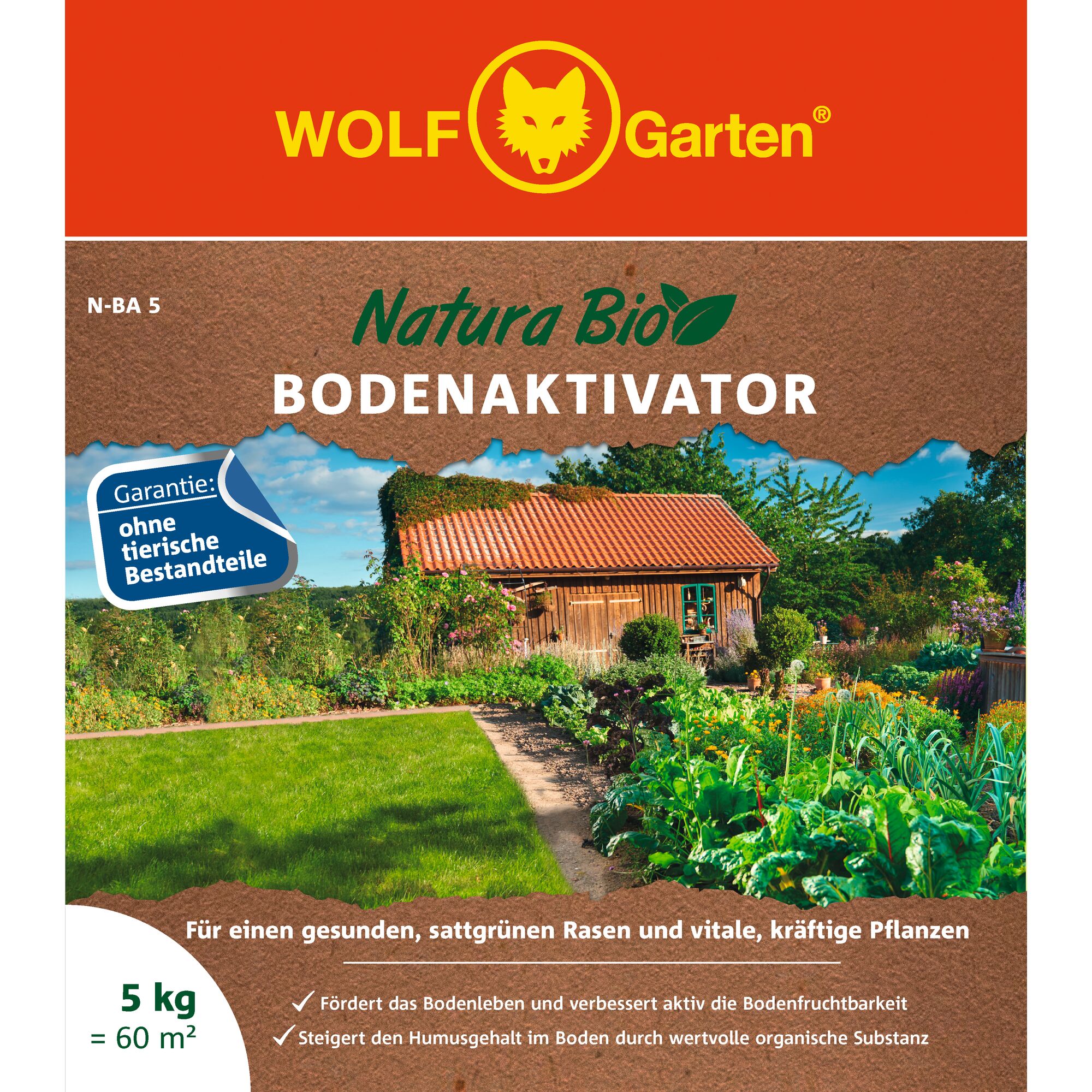 Packaging of WOLF-Garten Natura Bio Bodenaktivator, a soil activator product. The image shows a garden with a green lawn, vegetable beds, flowers, and a small wooden house with a red roof under a bright blue sky. The packaging highlights the product's guarantee of no animal ingredients, and mentions it promotes healthy, green lawns and strong plants. The product weight is 5 kg for an area of 60 square meters.