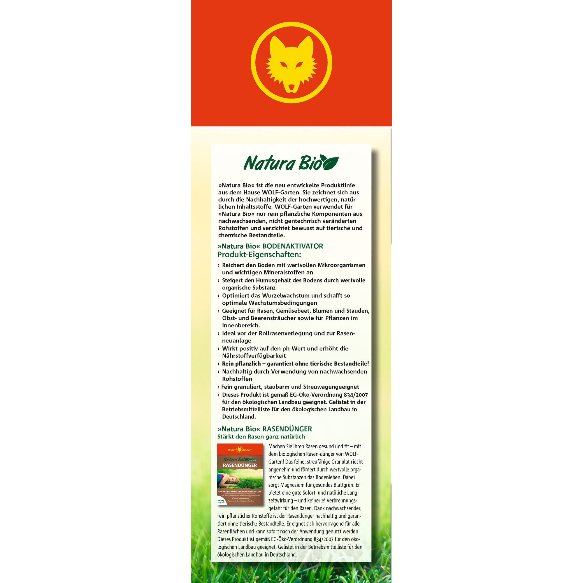 Product information leaflet from WOLFGarten featuring Natura Bio soil activator and lawn fertilizer. The leaflet includes details about the benefits and features of the products, such as the use of natural and organic ingredients, and their suitability for lawns, gardens, and indoor plants. The top of the leaflet has the WOLFGarten logo with a yellow wolf profile on a red background.