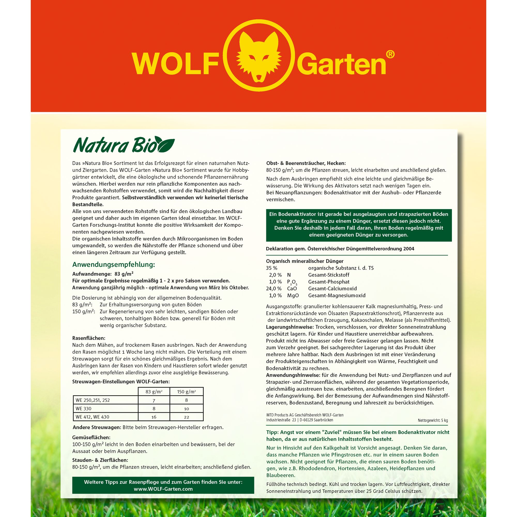 Promotional poster for WOLF Garten Natura Bio, featuring instructions and details about the organic fertilizer and its applications for lawns, gardens, fruit and berry bushes, and hedges. The poster includes dosage guidance, benefits of natural plant-based ingredients, and recommendations for best usage, with a focus on eco-friendly gardening. The layout is primarily text-based, with the WOLF Garten logo prominently displayed at the top against a red and yellow background.