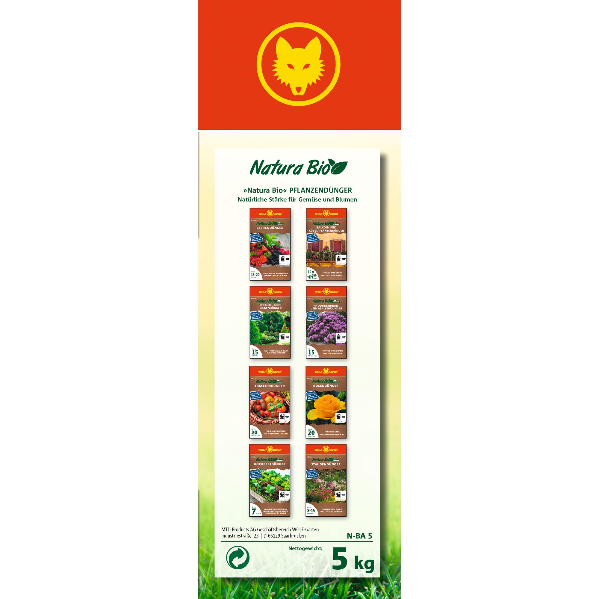 WOLFGarten Natura Bio plant fertilizer packaging, showing a display with various types of organic fertilizers for vegetables and flowers. The package indicates a net weight of 5 kg and features the WOLFGarten logo at the top.