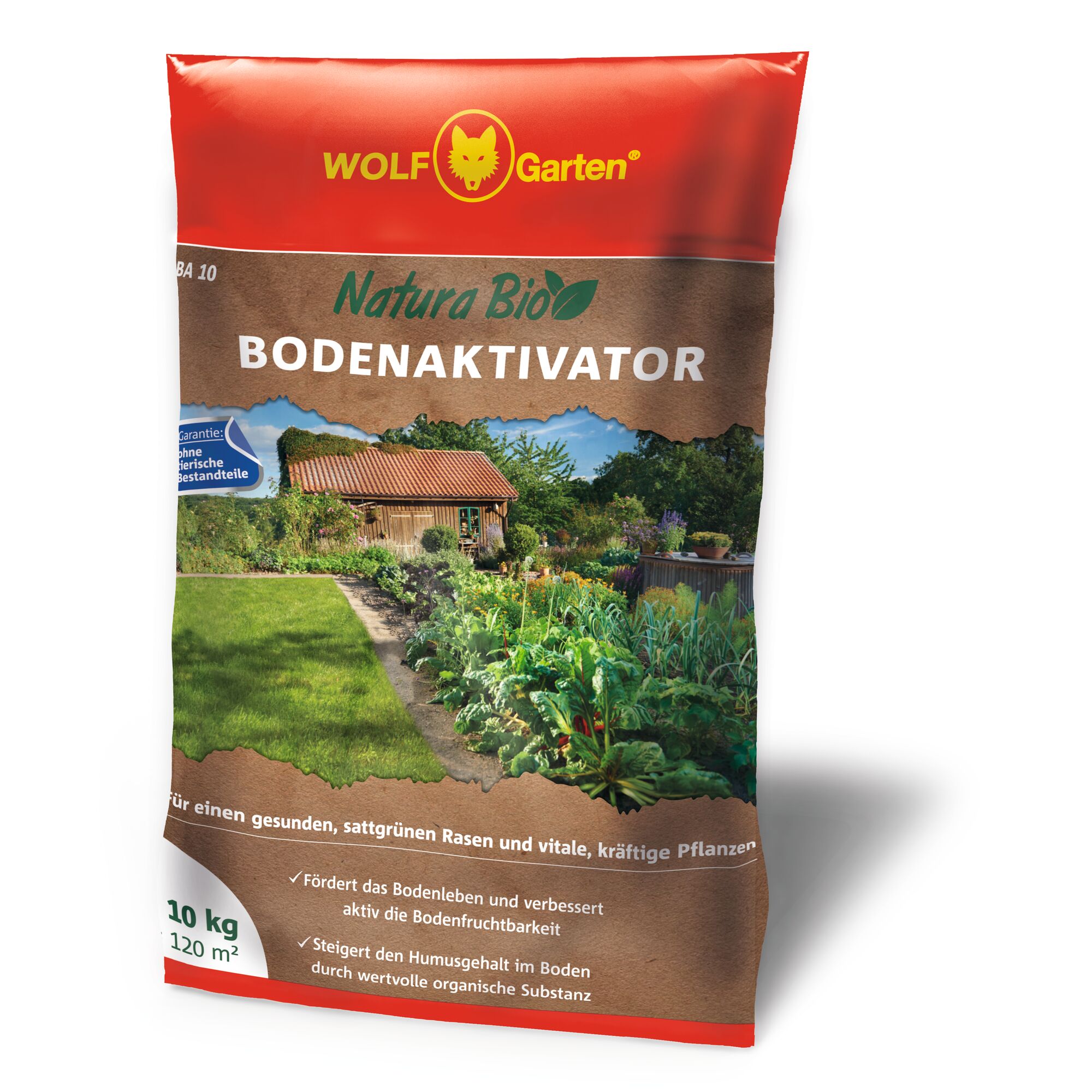 A bag of WOLF-Garten Natura Bio Bodenaktivator soil activator. The packaging is red and brown with the WOLF-Garten logo at the top, and shows an image of a garden with a lawn and vegetable plants. The text is in German and indicates the product is 10 kg and for soil improvement.