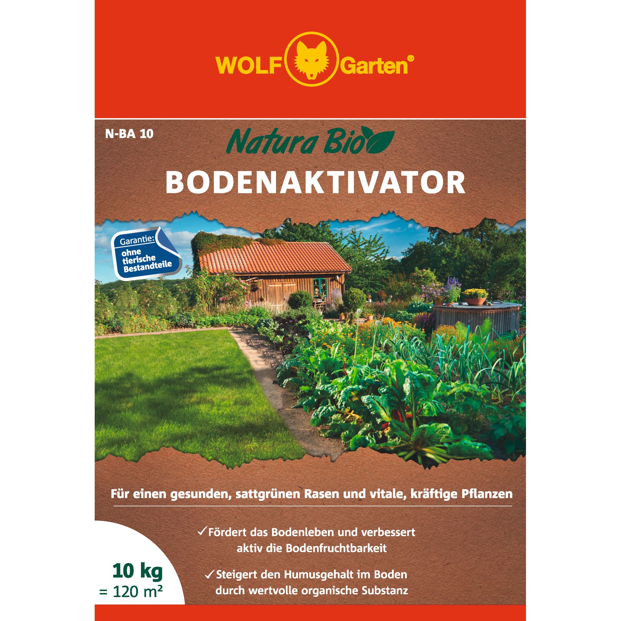 Packaging of WOLF-Garten Natura Bio Bodenaktivator, a soil activator for lawns and plants. The package features an image of a garden with green grass and a variety of plants, and a house in the background. The product is guaranteed free from animal ingredients. The package indicates 10 kg is suitable for 120 m².