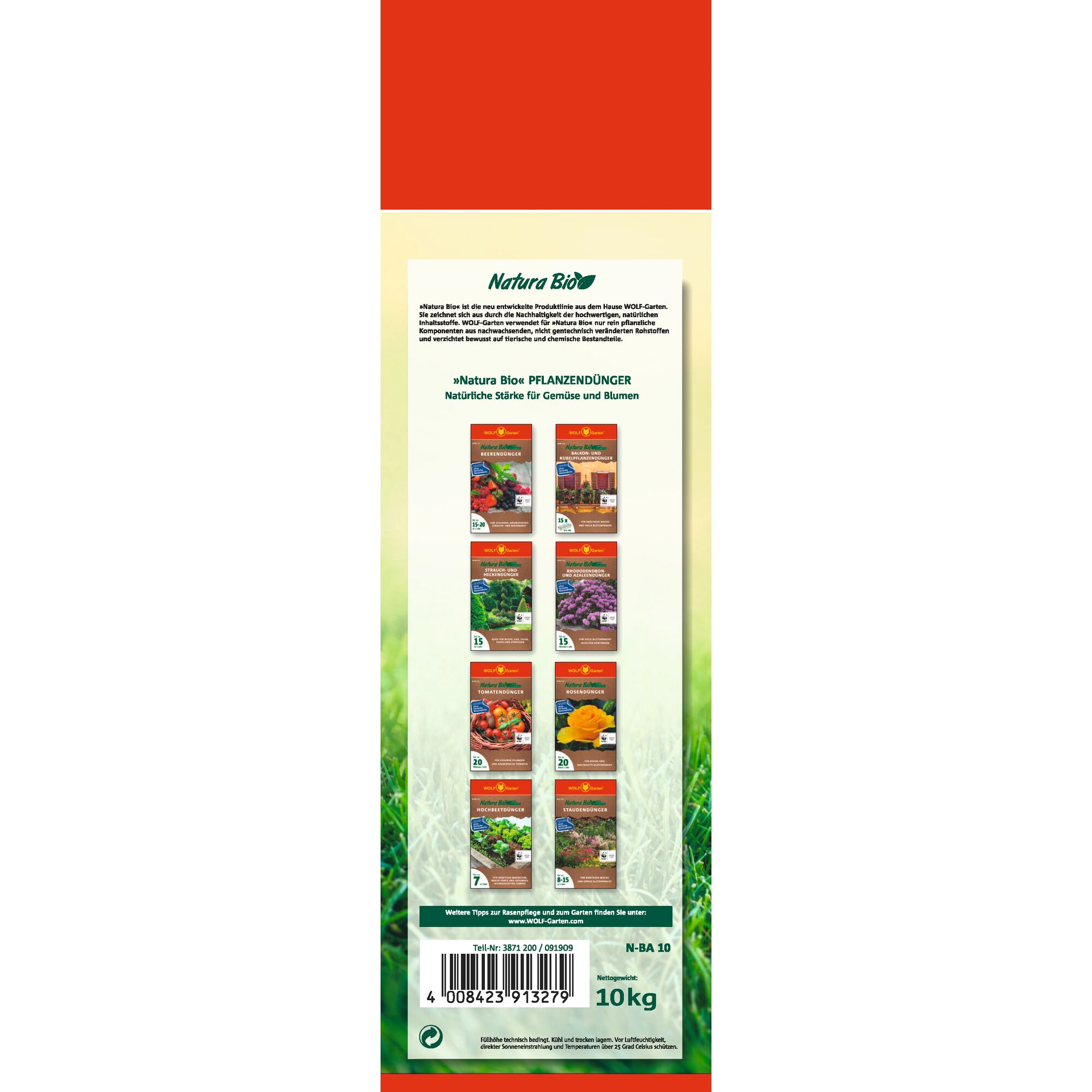 Back packaging of WOLF-Garten Natura Bio plant fertilizer, showing product information and multiple images of different plant fertilizer varieties for vegetables and flowers. The pack displays branding, weight (10 kg), barcode, and text in German.