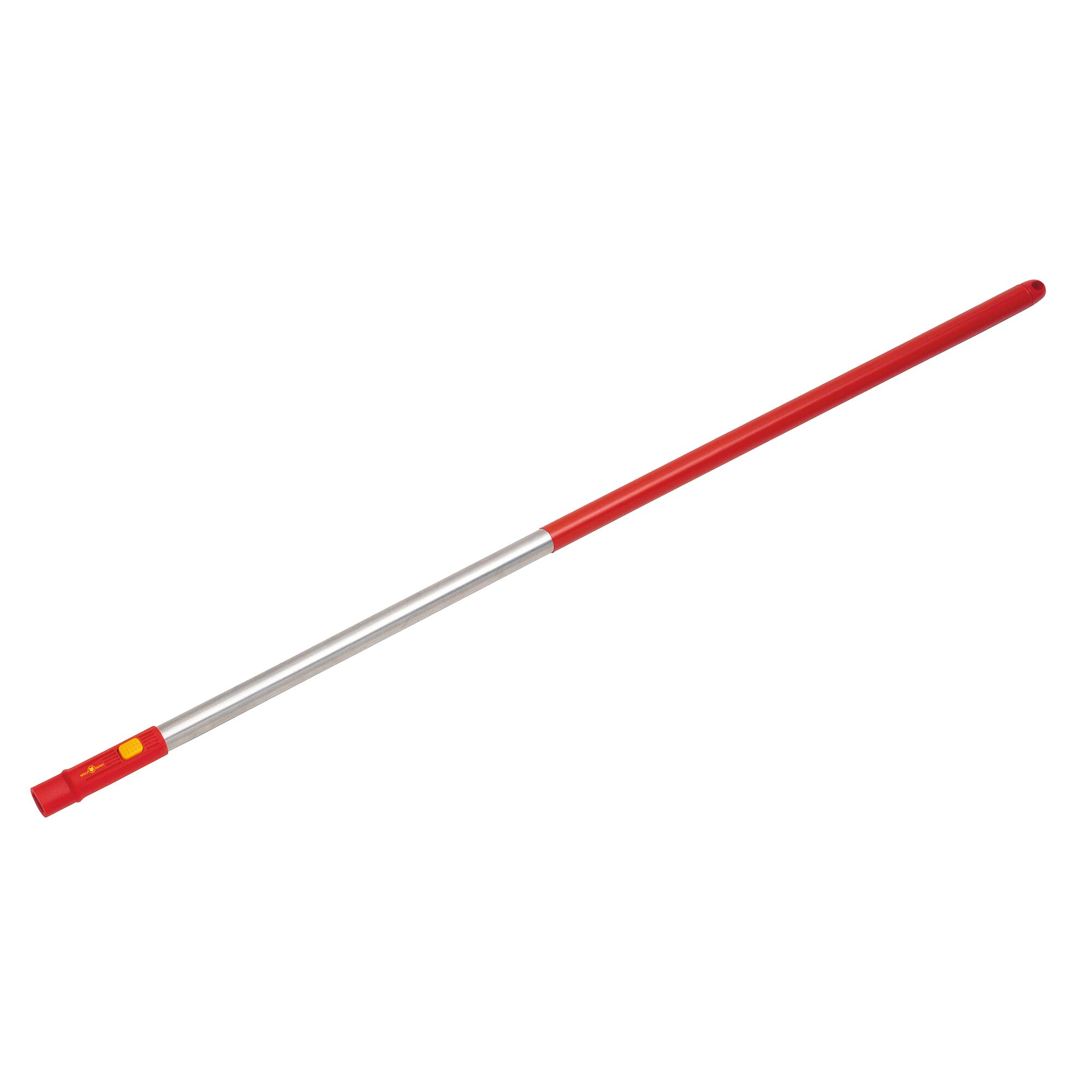 A straight garden tool handle with a metal shaft and a red plastic covering, photographed against a white background.