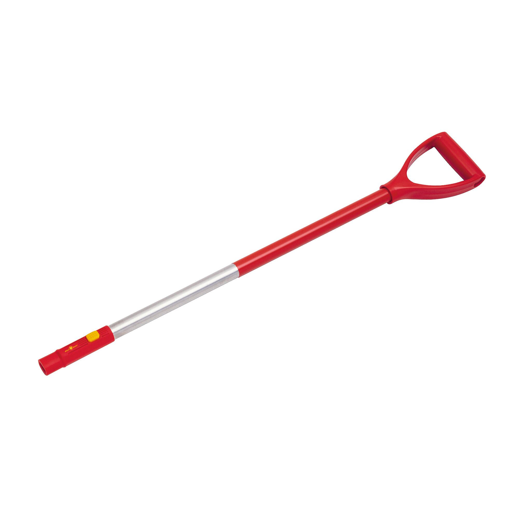 A red and silver gardening handle with a D-shaped grip, suitable for attachment to gardening tools.