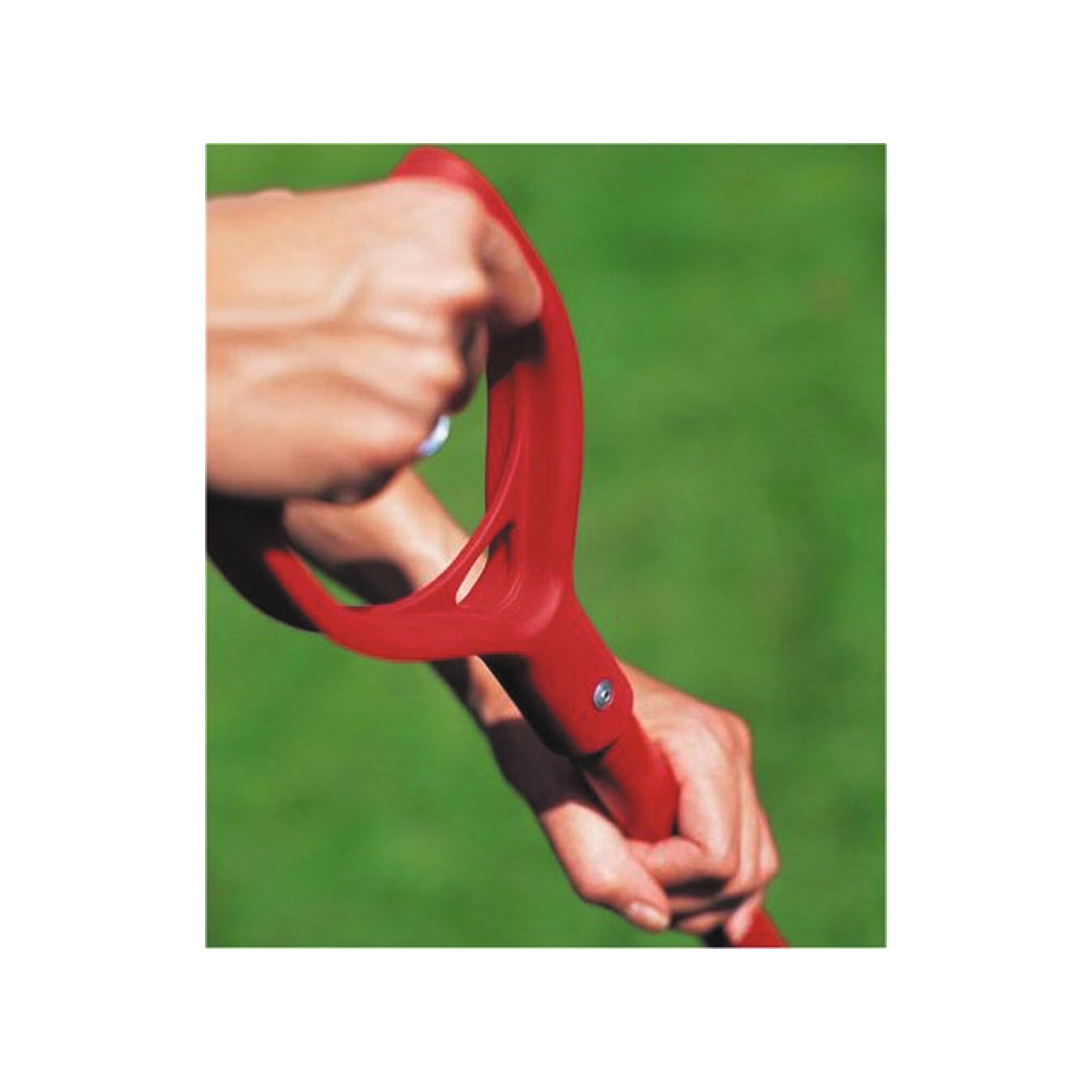 Close-up of a person’s hands holding a red handle of a gardening tool against a green background.