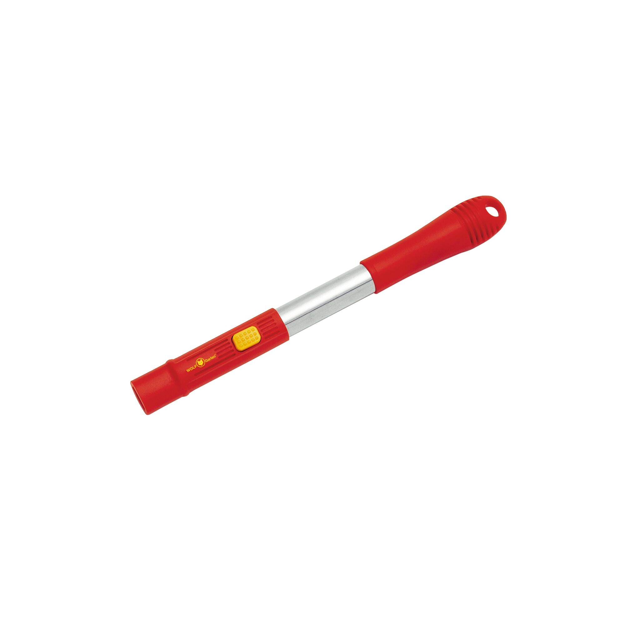 A red and silver telescopic handle from WOLFGarten, featuring a yellow button for adjustment. The handle is designed for use with compatible garden tools.