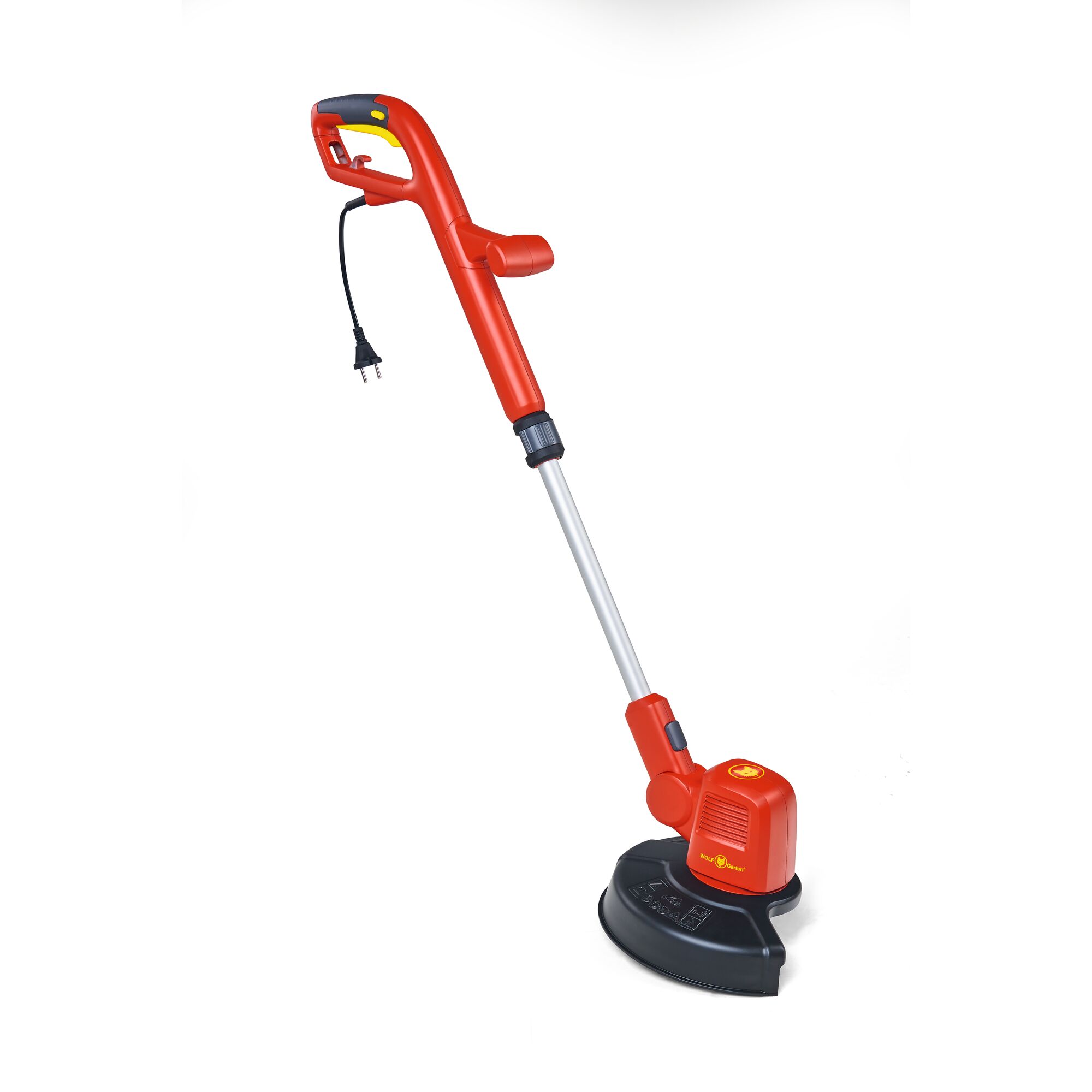 A red and black electric grass trimmer with a long handle and power cord, suitable for garden maintenance.
