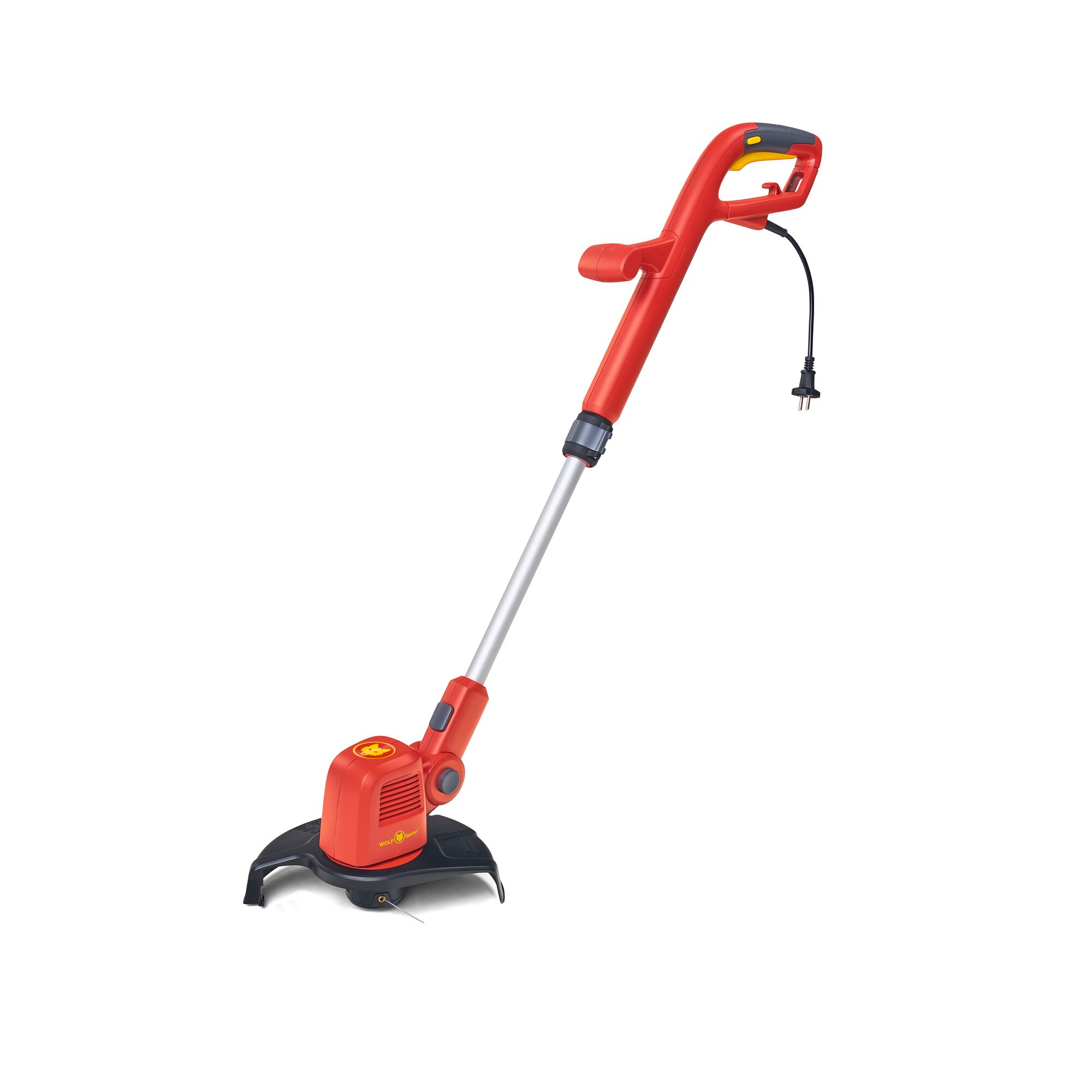 A red and yellow electric grass trimmer with a black cutting shield and a corded plug, shown against a white background.