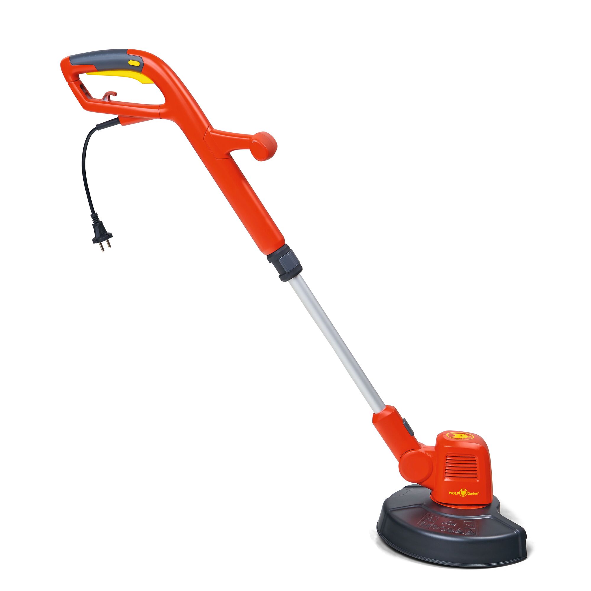 Electric garden edger with a red handle, grey shaft, and a black base. The product has a visible power cord and is branded with the WOLFGarten logo.