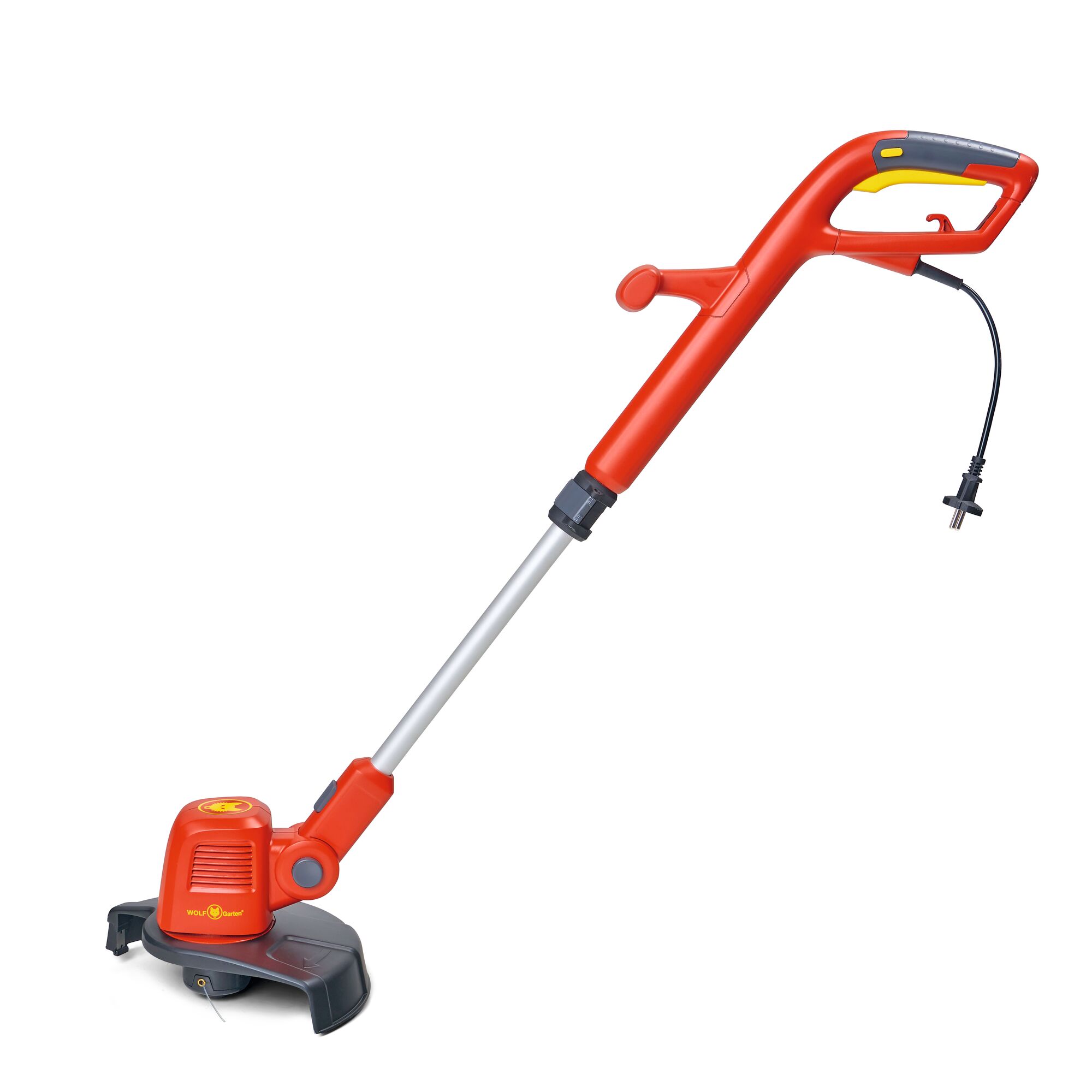 A red WOLFGarten electric grass trimmer with a silver shaft and a black cutting head, featuring an ergonomic handle and a power cord.