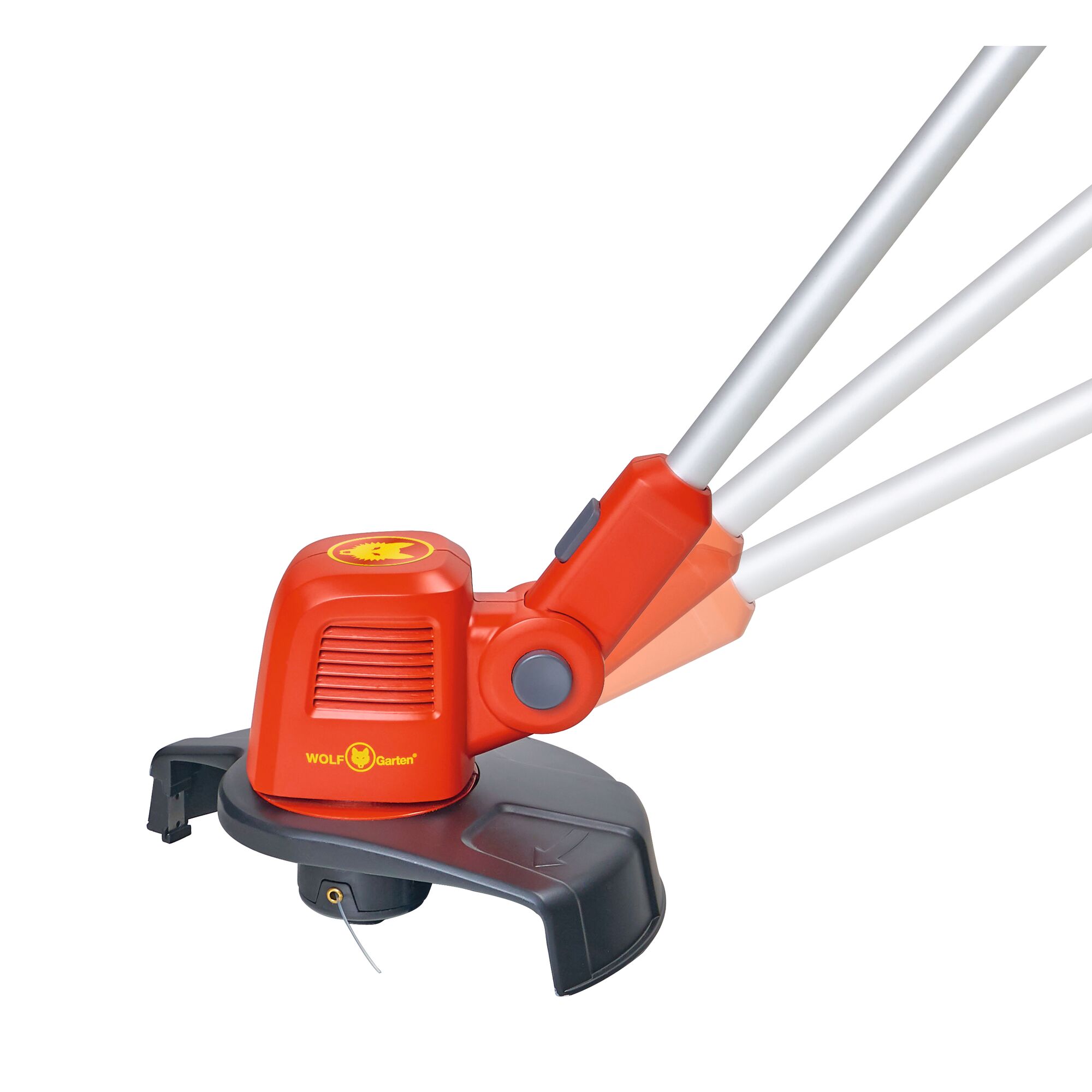 Close-up view of a WOLF-Garten electric grass trimmer with a red and black body and adjustable silver handle, suitable for garden maintenance.