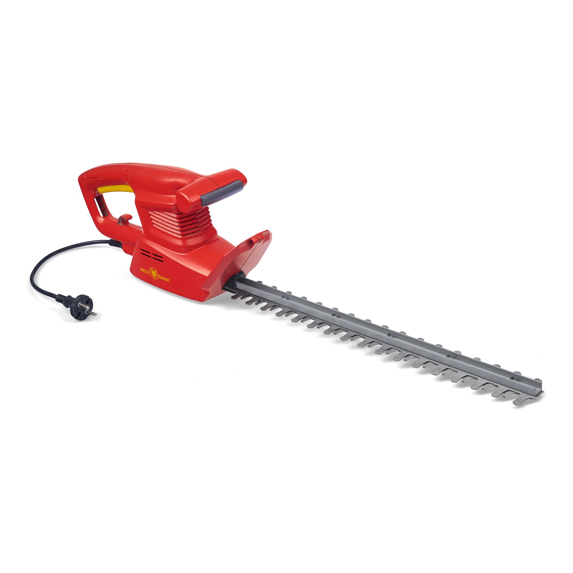 A red electric hedge trimmer with a black power cord, shown against a white background.
