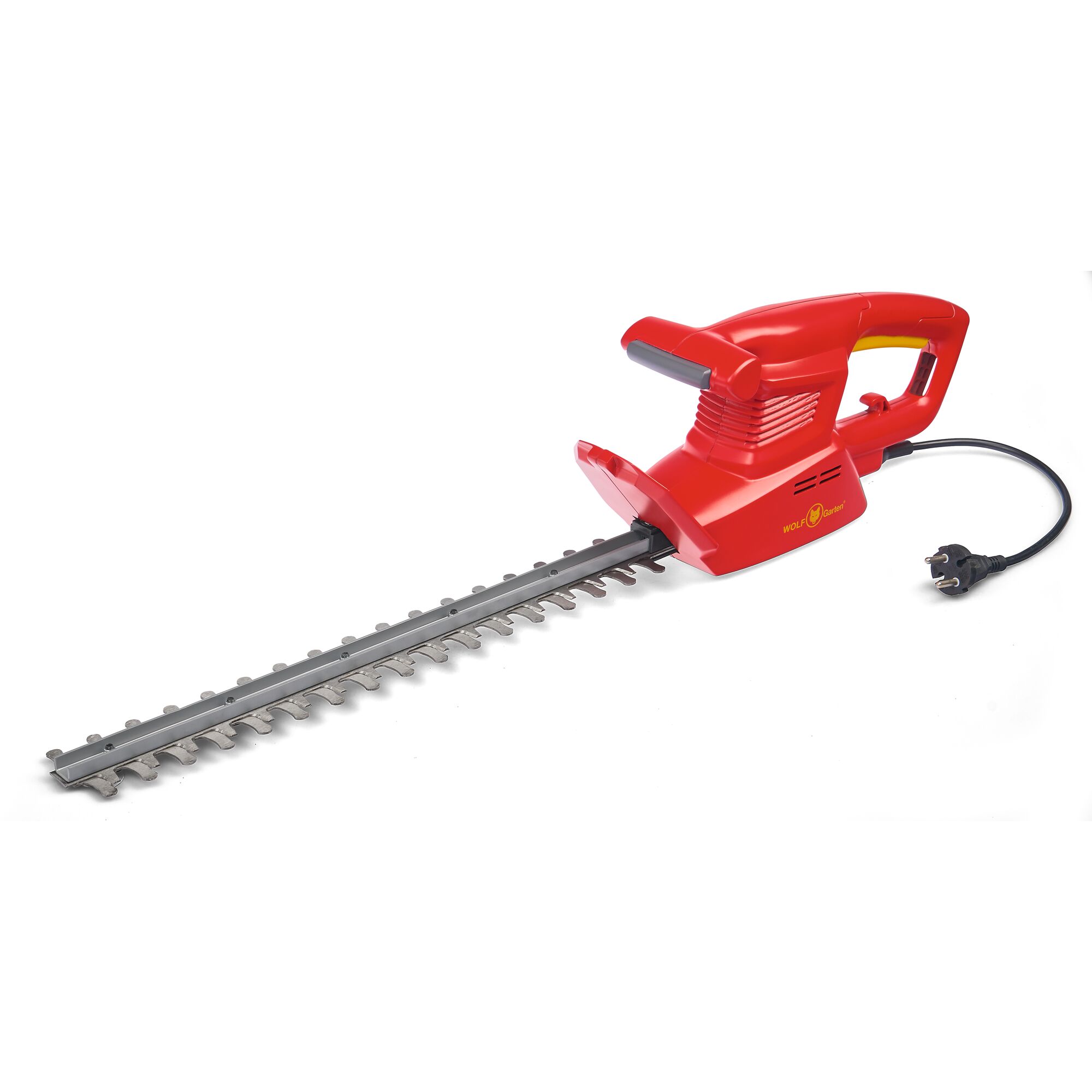 A red electric hedge trimmer with a long blade and a black power cord, displayed on a white background. The brand logo 'WOLFGarten' is visible on the side.