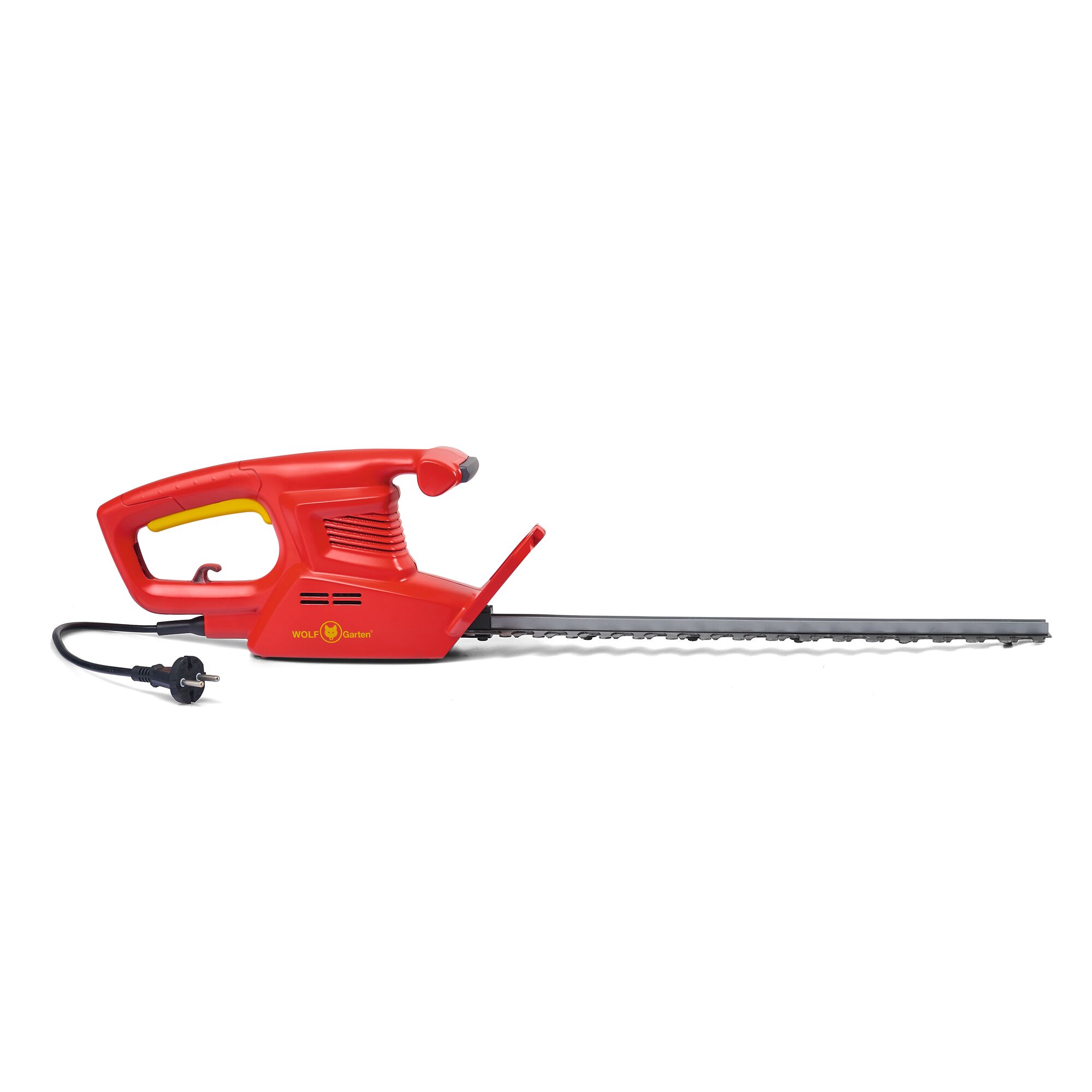 A red electric hedge trimmer from WOLFGarten with a long blade, ergonomic handle, and power cord, shown against a white background.