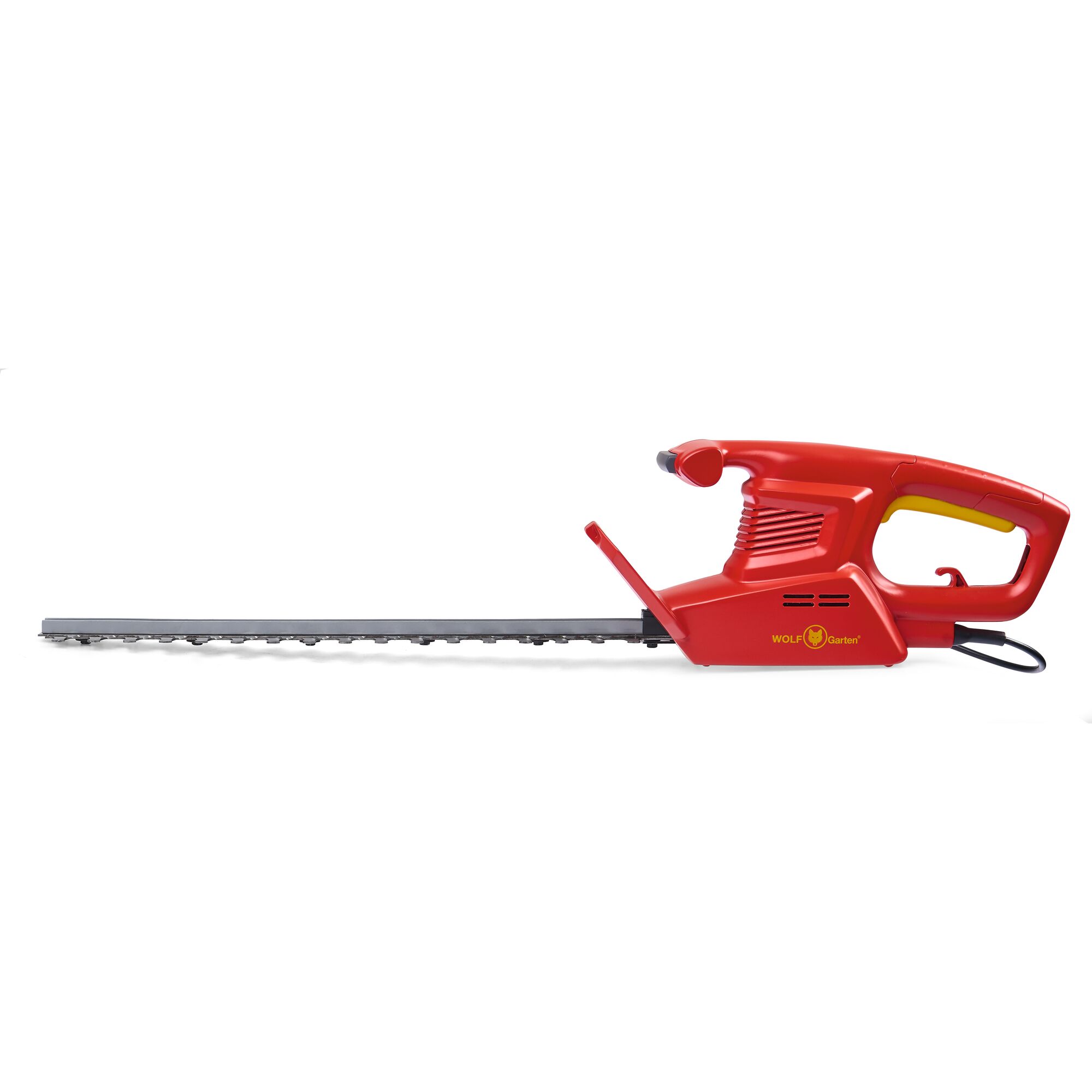 A red electric hedge trimmer with a yellow accent, branded WOLFGarten, featuring a long blade and ergonomic handle.