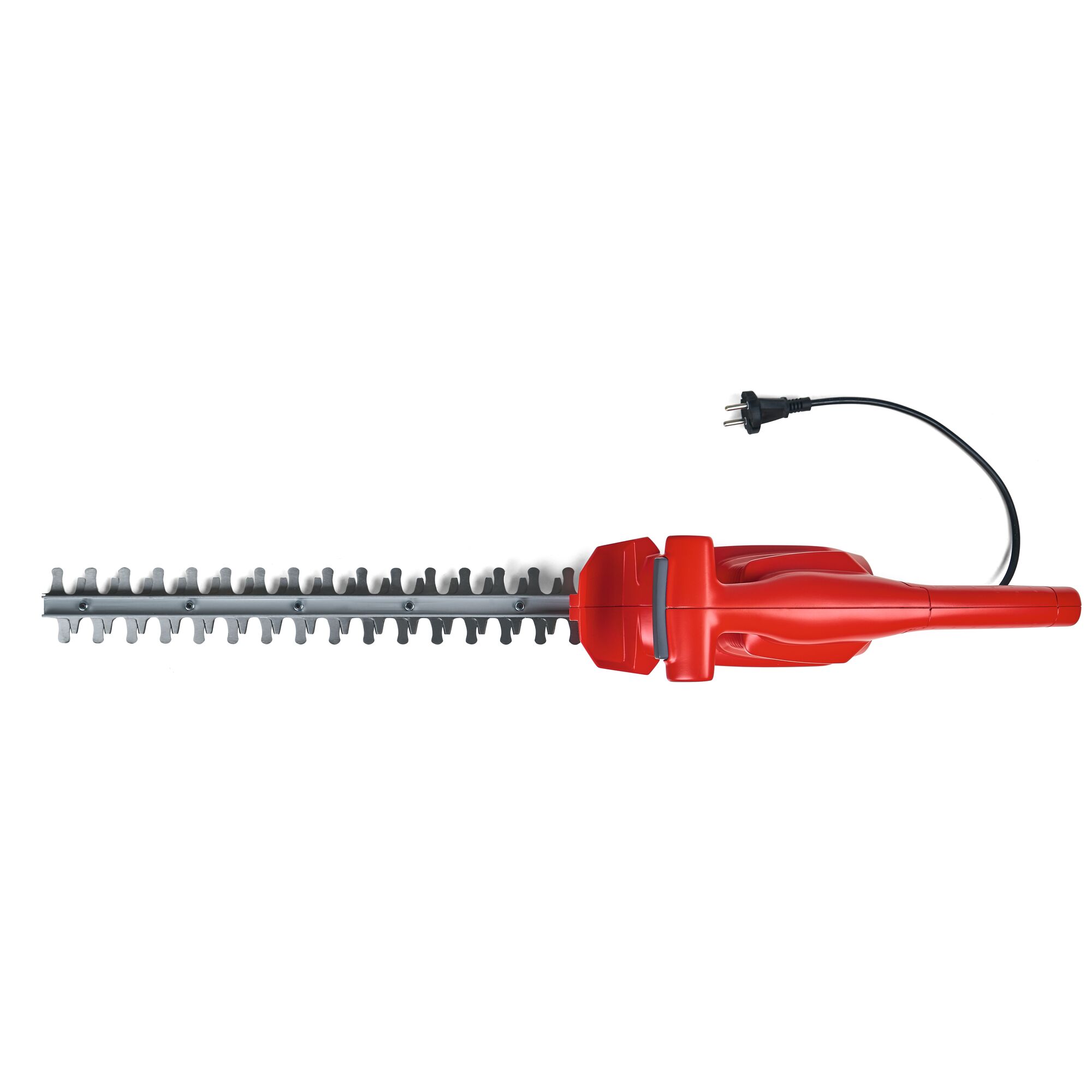 A red electric hedge trimmer with a plug, photographed from above on a white background.