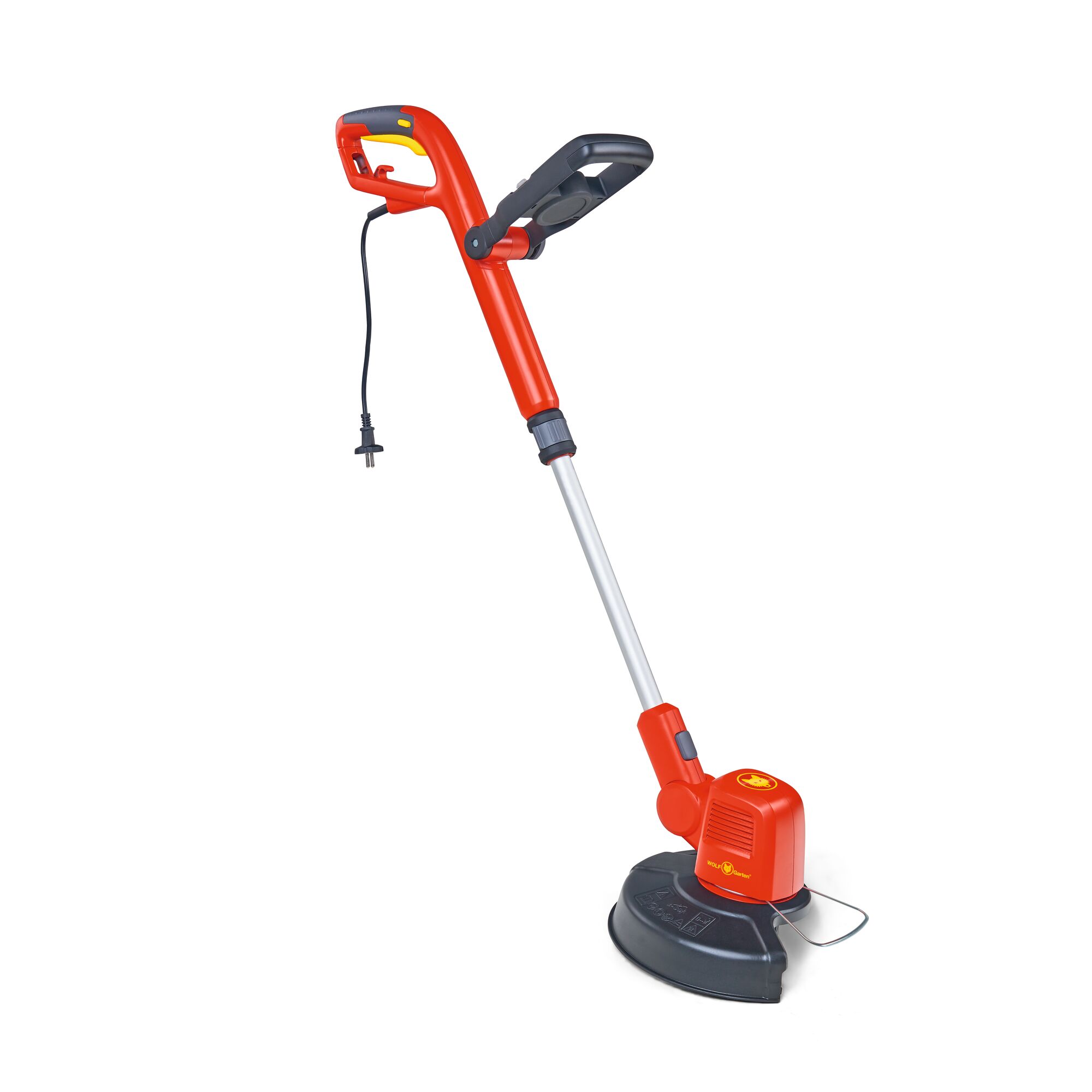 A red and gray electric grass trimmer with a cord and plug, featuring a handle for easy use, from the WOLFGarten brand. The trimmer is designed for lawn and garden maintenance.