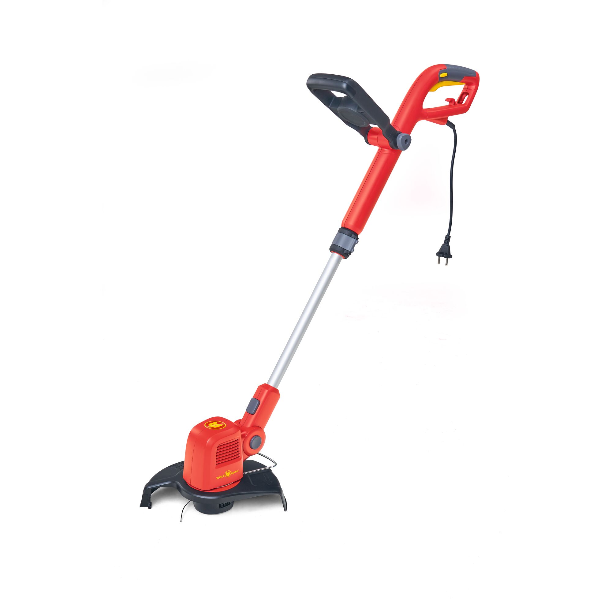 A red and black electric grass trimmer with a silver telescopic handle, ergonomic grip, and a visible power cord plug. The device is shown on a white background.