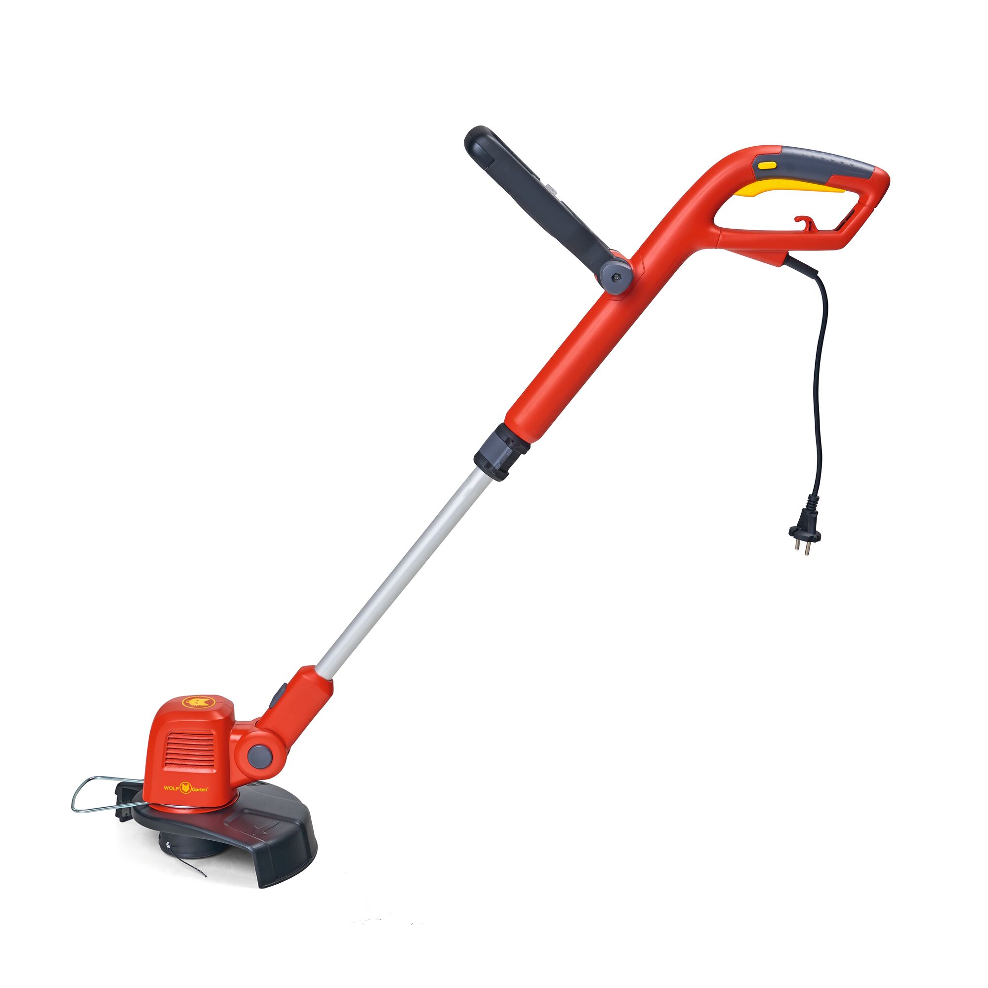 A red and yellow electric grass trimmer with a long handle, adjustable support grip, and a power cord. The product is shown against a white background.