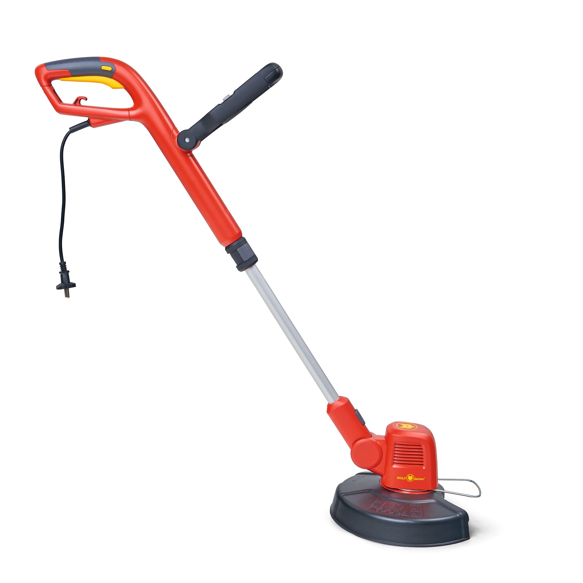 A WOLFGarten electric garden edger with a red and yellow handle, grey shaft, and black cutting head, shown against a white background.