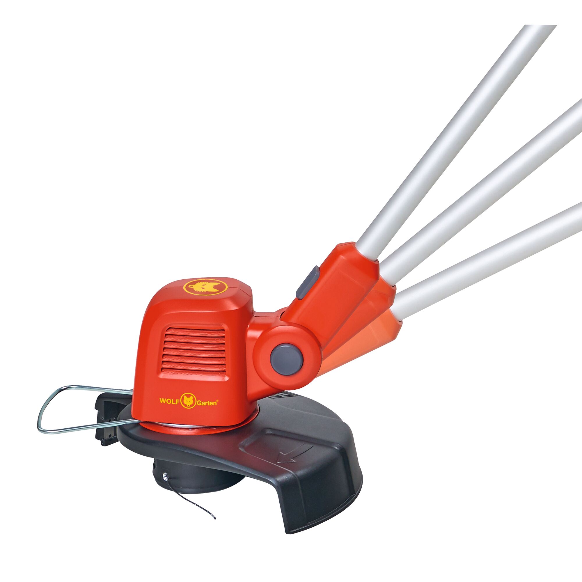 Close-up of a WOLF Garten garden trimmer with a red and yellow motor housing, silver handle, and black cutting guard.