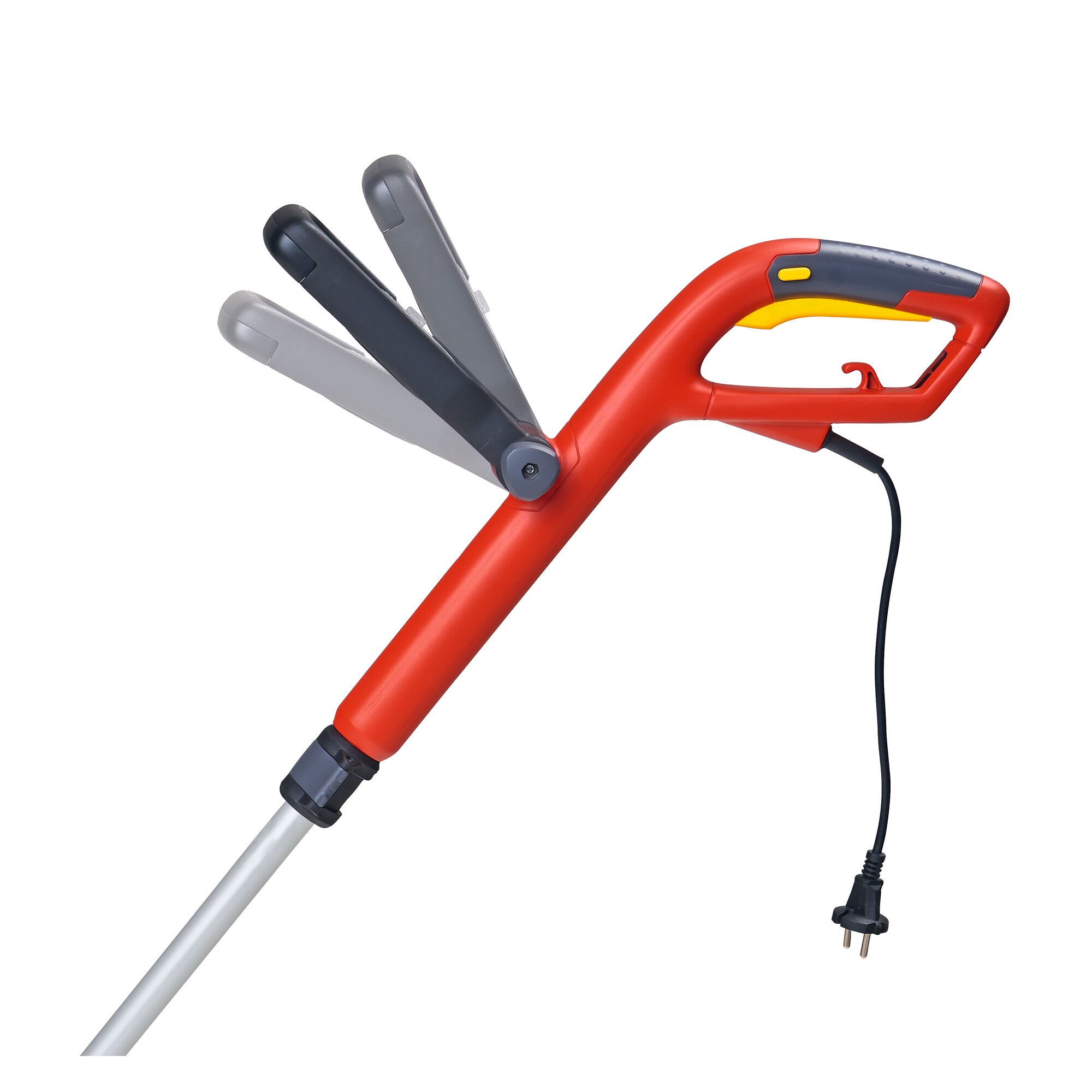 Close-up view of a red and gray adjustable handle with a built-in electric cable and plug, likely for a garden power tool.
